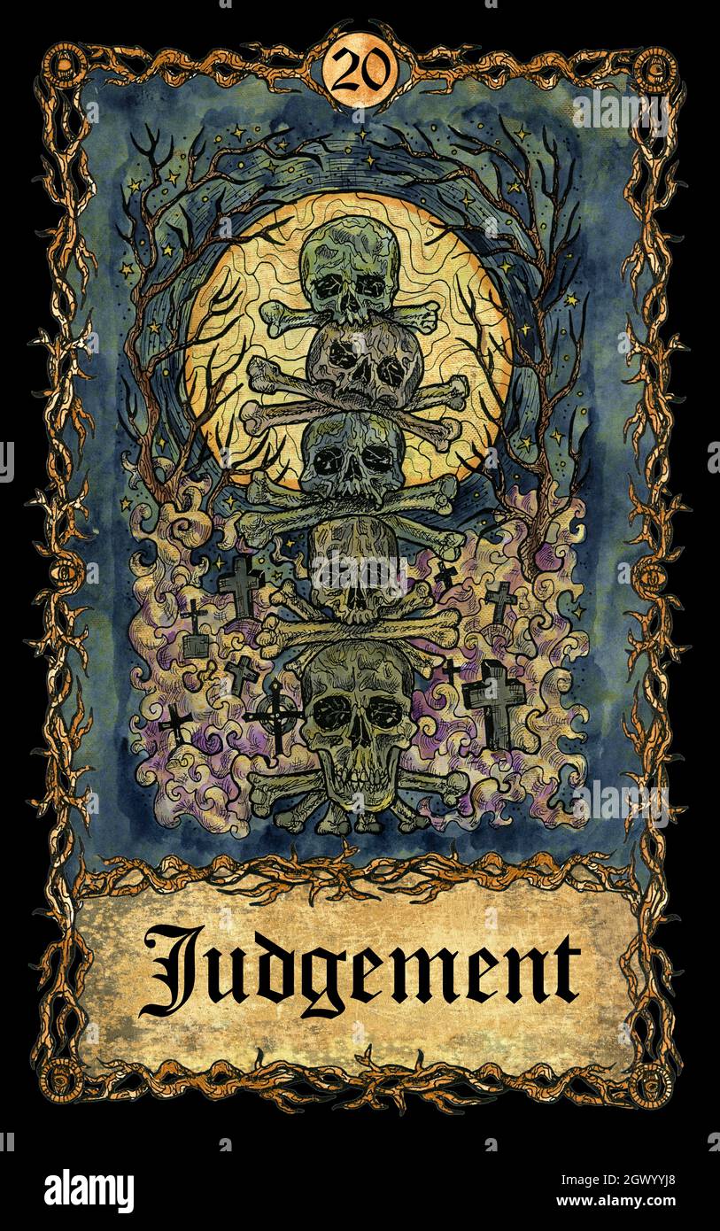 Jugement. Carte de tarot d'Arcana majeure avec crâne sur fond ancien. L'art mystique, l'illustration d'Halloween avec un concept ésotérique, gothique, occulte Banque D'Images
