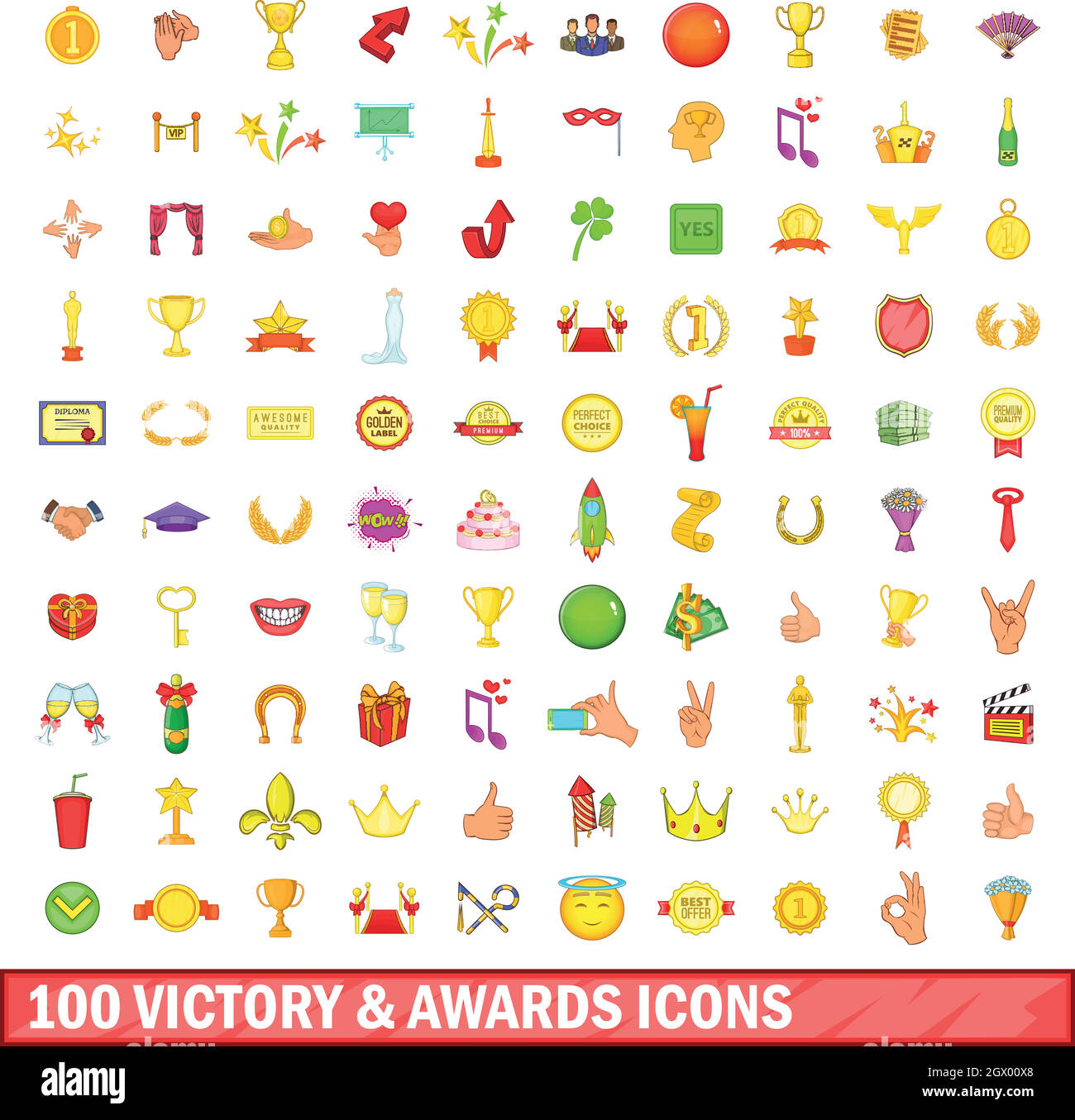 100 la victoire et awards icons set, cartoon style Illustration de Vecteur