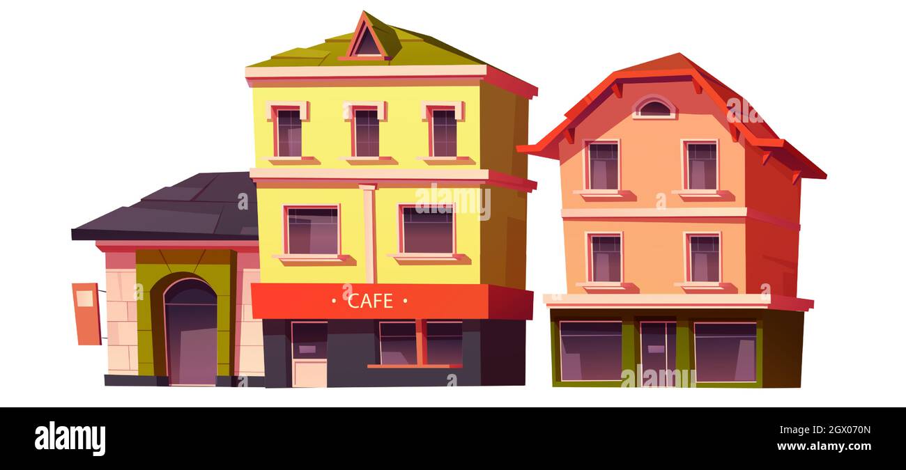 Bâtiments rétro, ville ou ville architecture maison d'époque avec café et vitrine de magasin au rez-de-chaussée. Construction de maisons, maisons anciennes en pierre vue de l'avant. Boîtier extérieur de dessin animé vecteur clipart Illustration de Vecteur