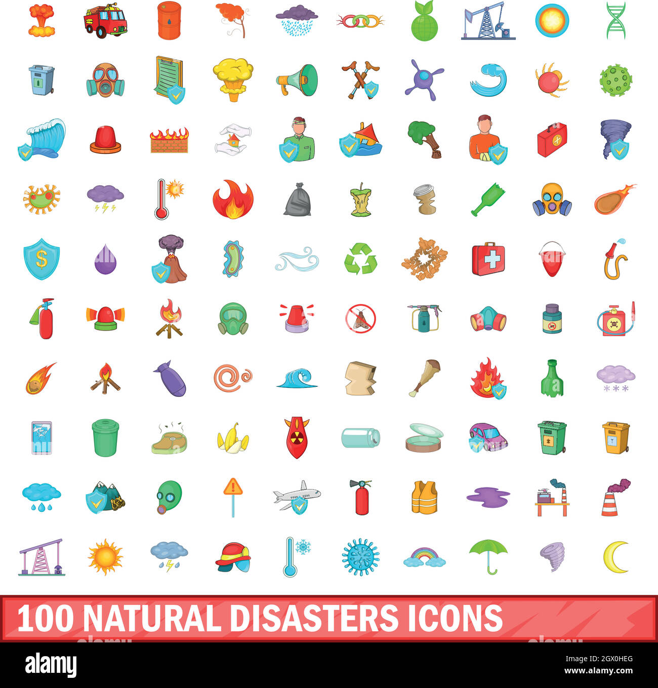 100 catastrophes naturelles, cartoon style icons set Illustration de Vecteur