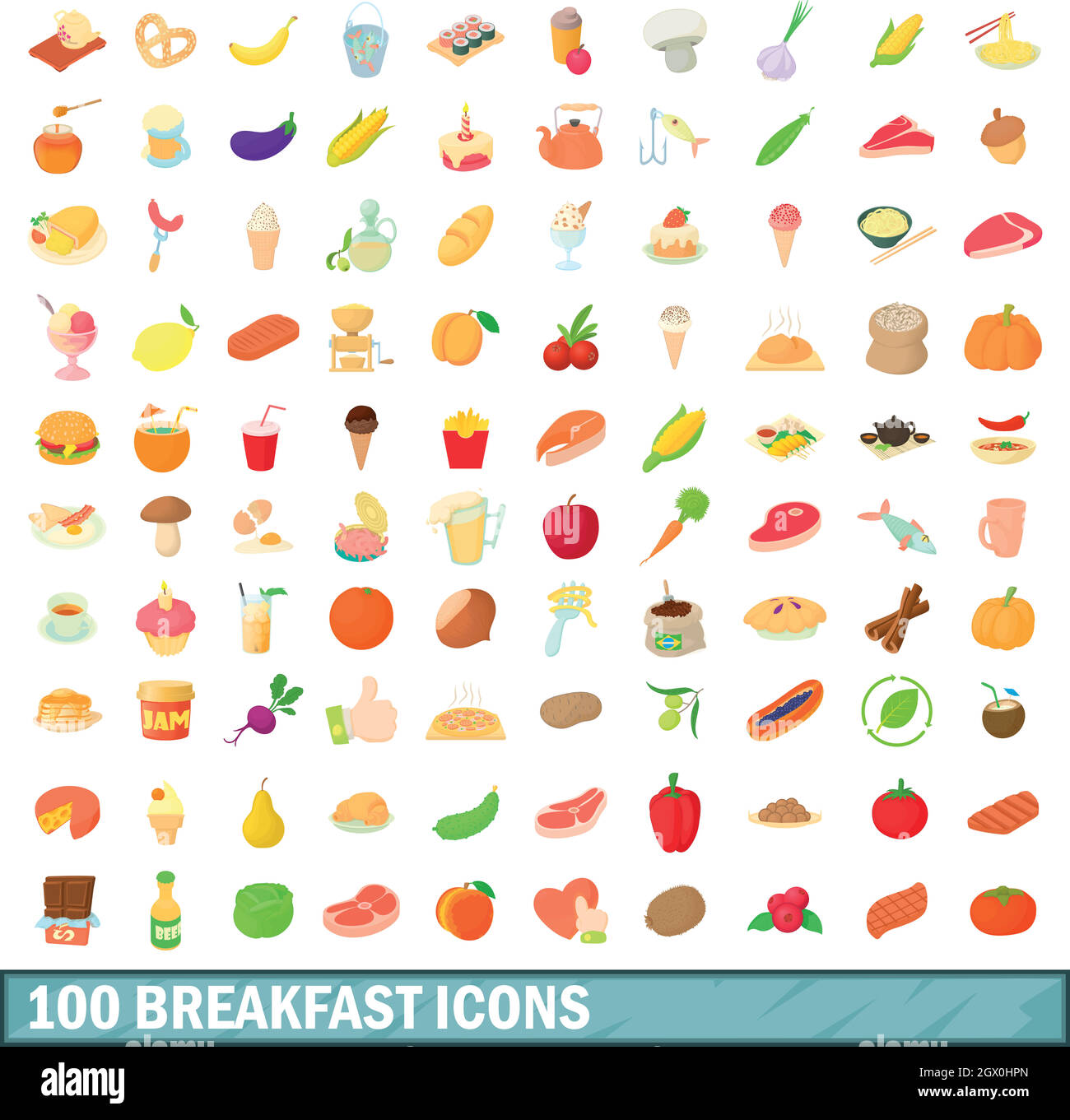 100 icons set de petit-déjeuner, style cartoon Illustration de Vecteur