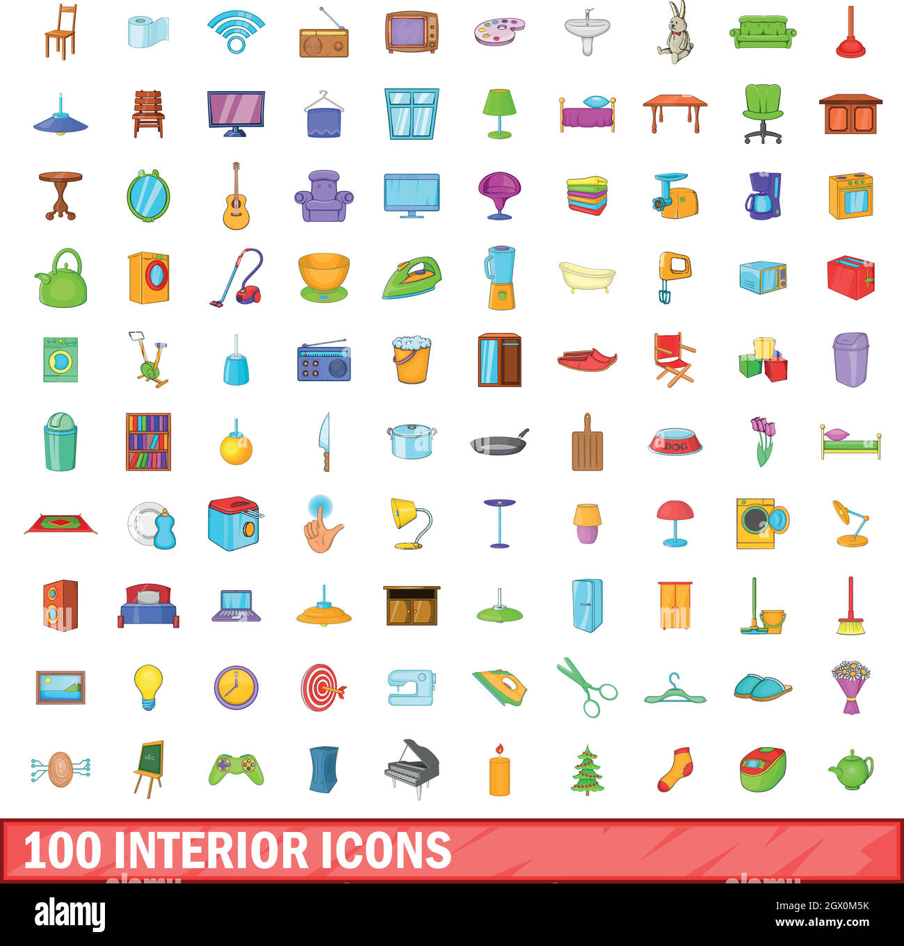 100 icônes de l'intérieur, de style cartoon Illustration de Vecteur