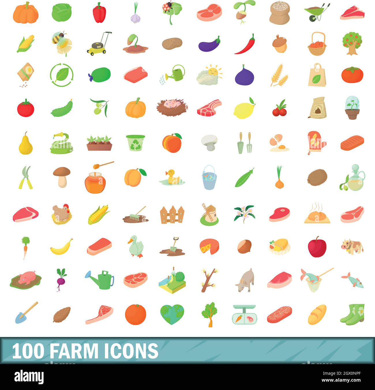 100 icons set ferme, style cartoon Illustration de Vecteur