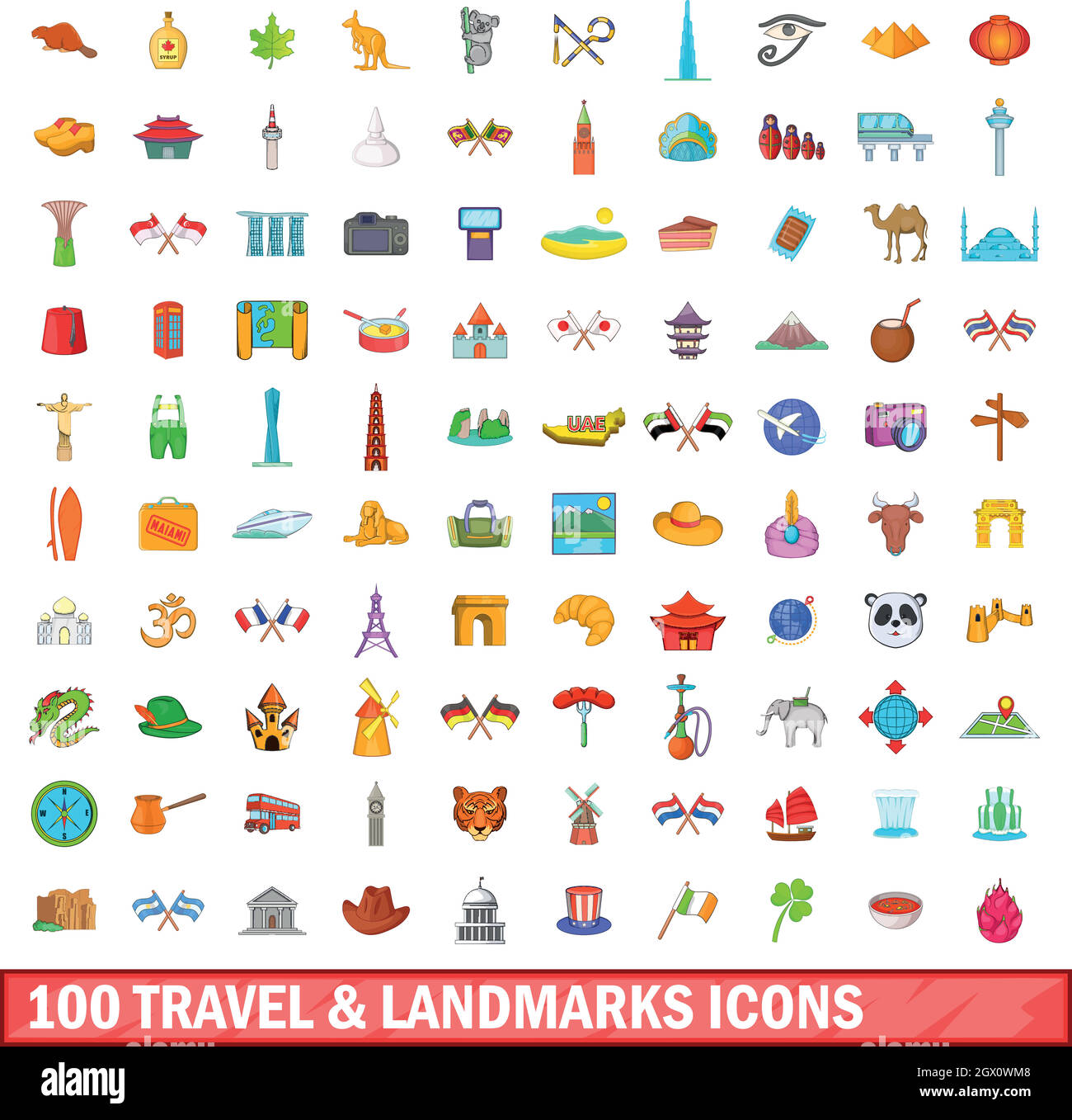 Voyage 100 sites et icons set, cartoon style Illustration de Vecteur