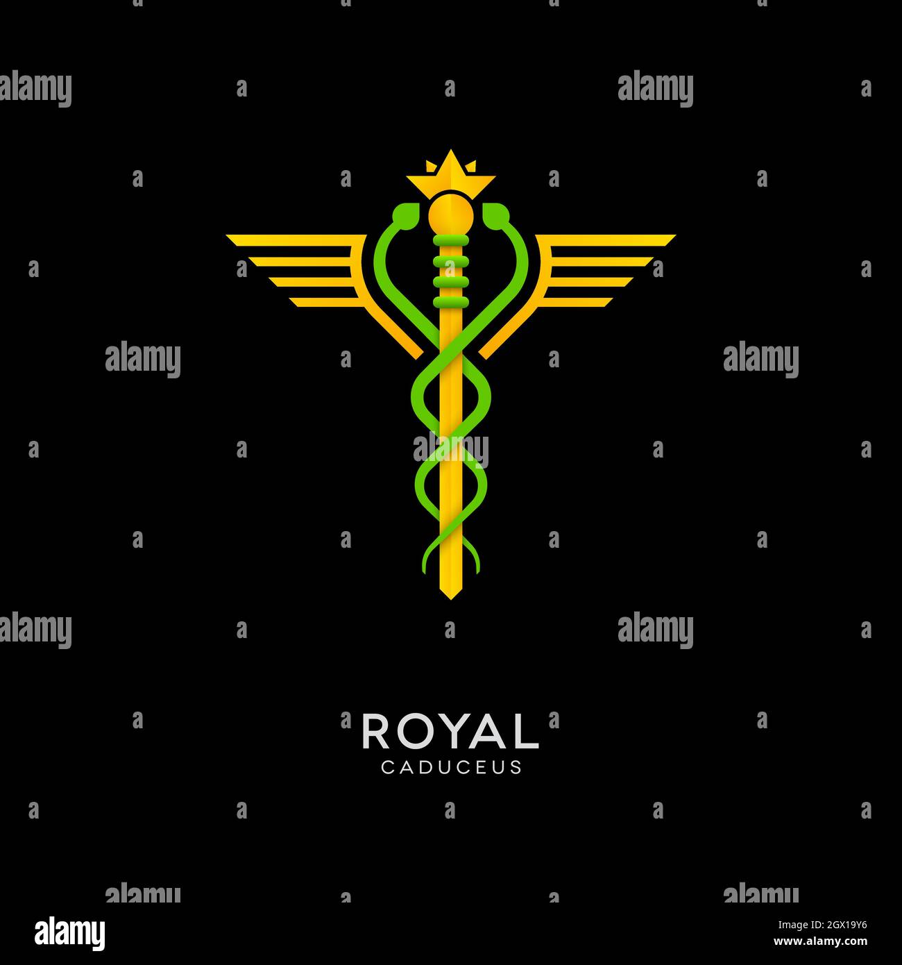 Caduceus icône royale avec la forme des serpents, de la couronne et des ailes. Logo vecteur médical. Illustration de Vecteur