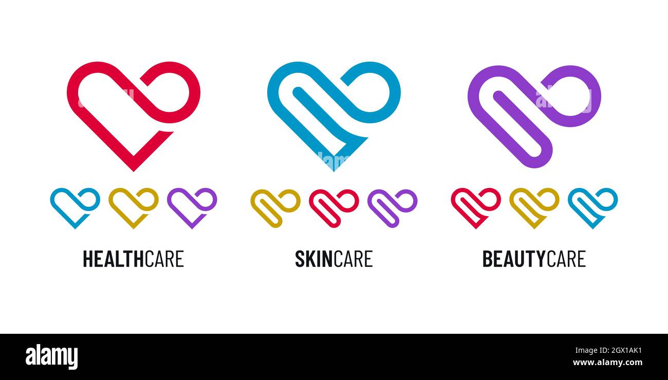 Logos vectoriels de santé et de beauté avec différentes formes de coeur sur fond blanc. Design d'icône médical ou d'amour. Illustration de Vecteur