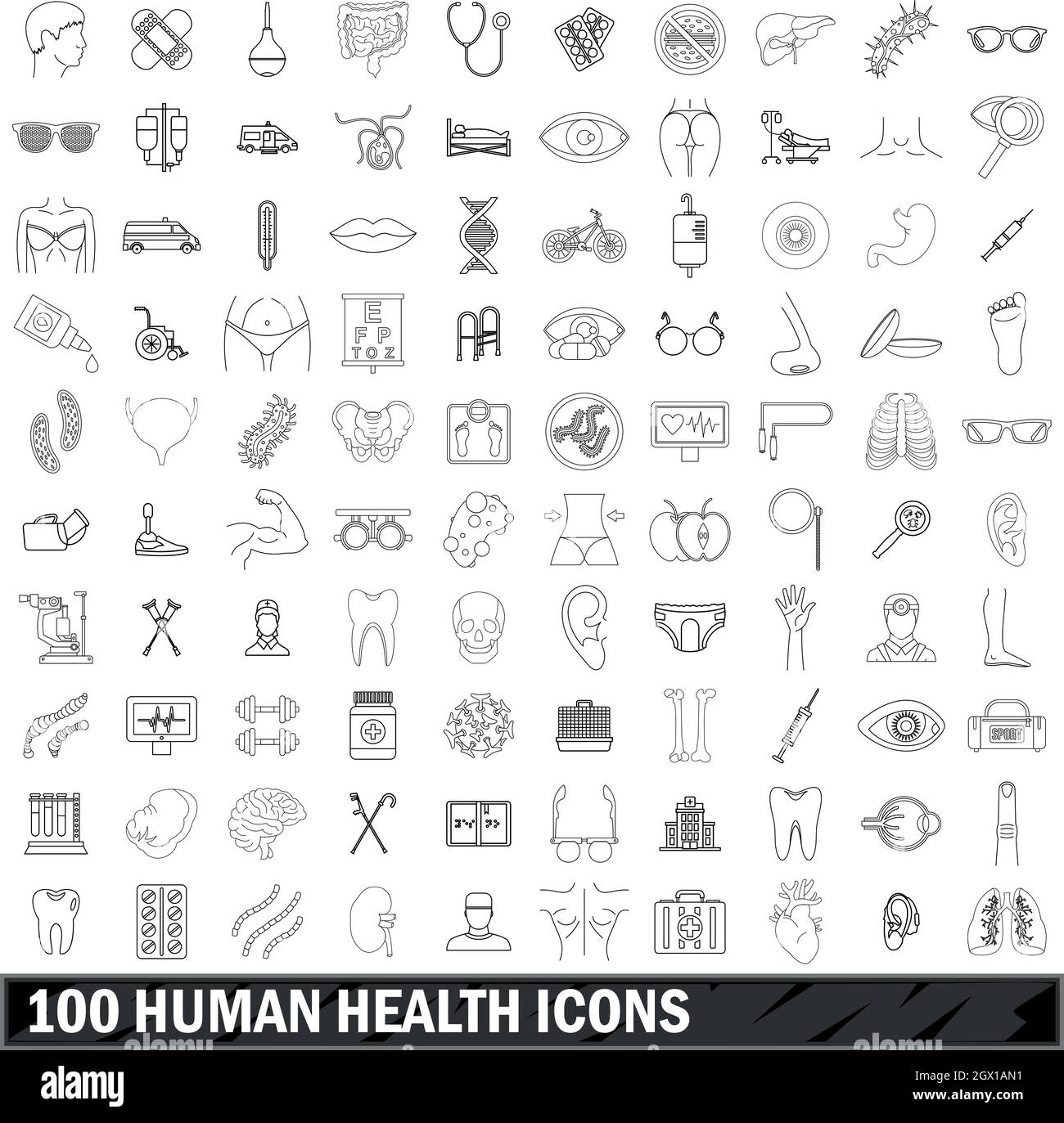 100 La santé de l'ensemble des icônes de style du contour, Illustration de Vecteur