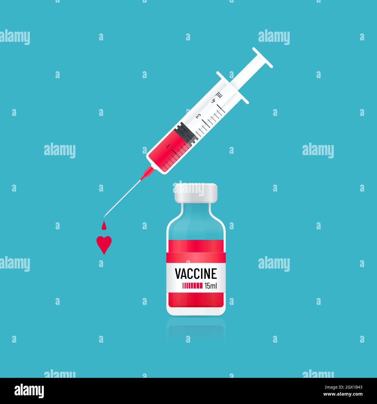 Flacon de vaccin et seringue contenant des gouttes de vaccin en forme de cœur. Conception de concept médical de vaccin. Illustration de Vecteur
