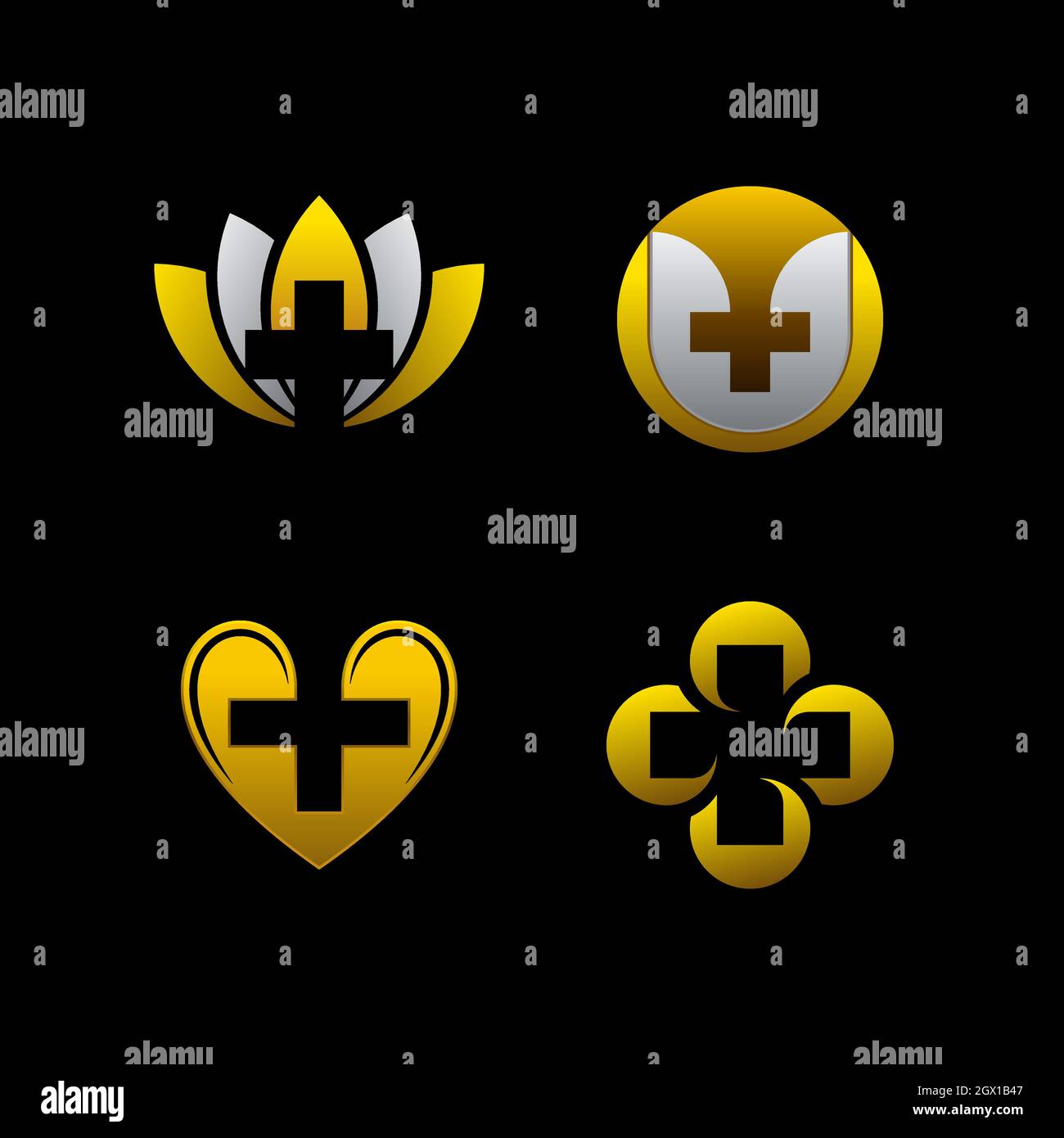 Icônes de coeur de couleur or avec feuilles, bouclier et forme croisée. Ensemble de logo de luxe médical ou amour. Illustration de Vecteur