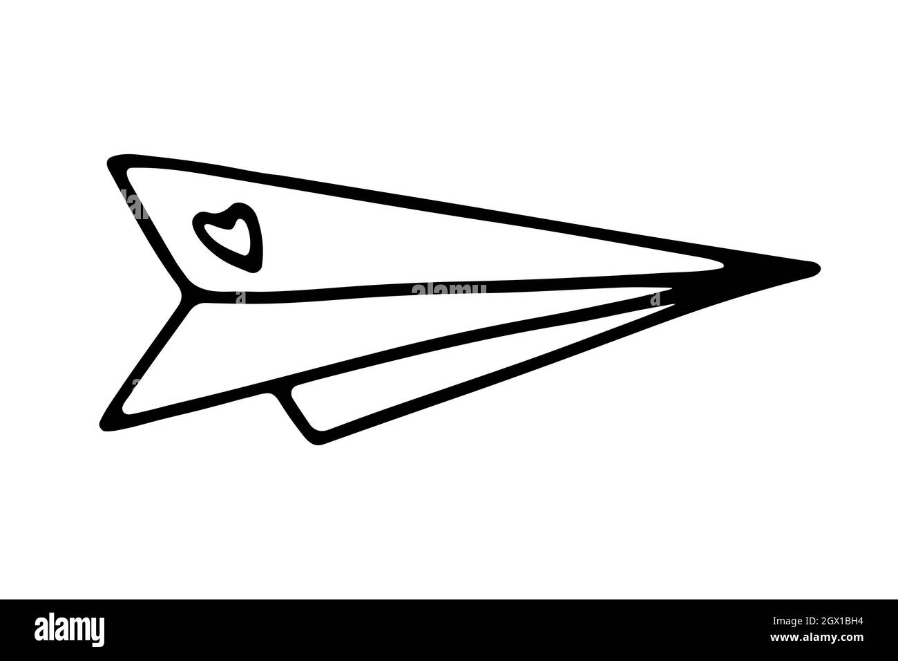 Doodle avion en papier avec coeur. Tracé à la main plan origami isolé sur fond blanc. Message de signe d'amour, mariage, jour de la Saint-Valentin, lettre Illustration de Vecteur