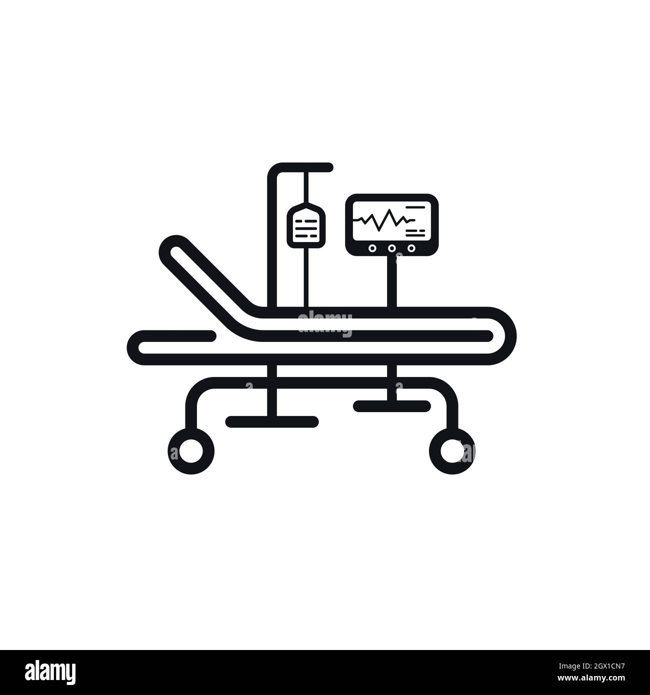 Lit d'hôpital, cardiogramme et sac de liquide en plastique dans l'unité de soins intensifs. Conception d'icône d'équipement médical d'urgence. Illustration de Vecteur