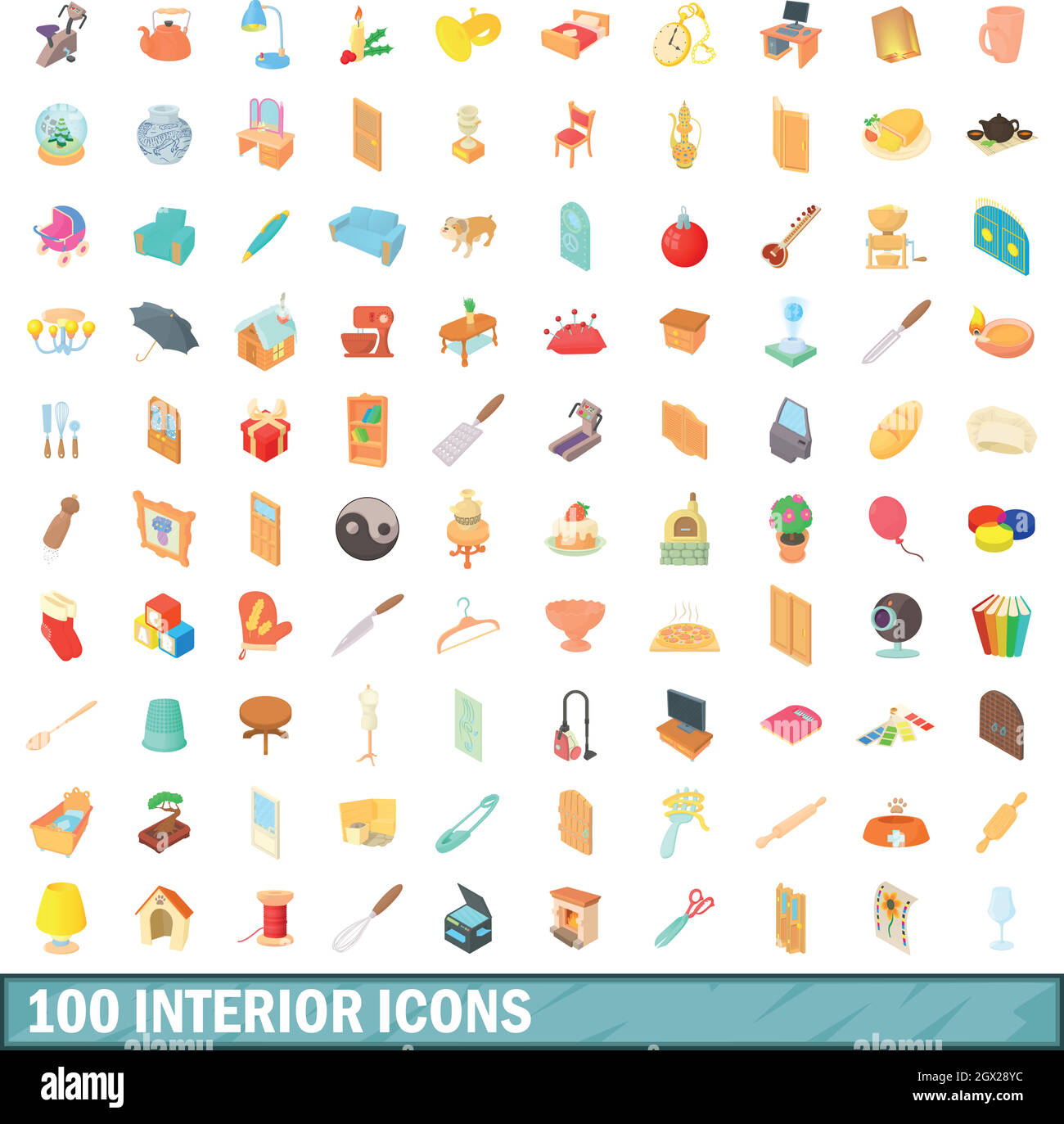 100 icônes de l'intérieur, de style cartoon Illustration de Vecteur