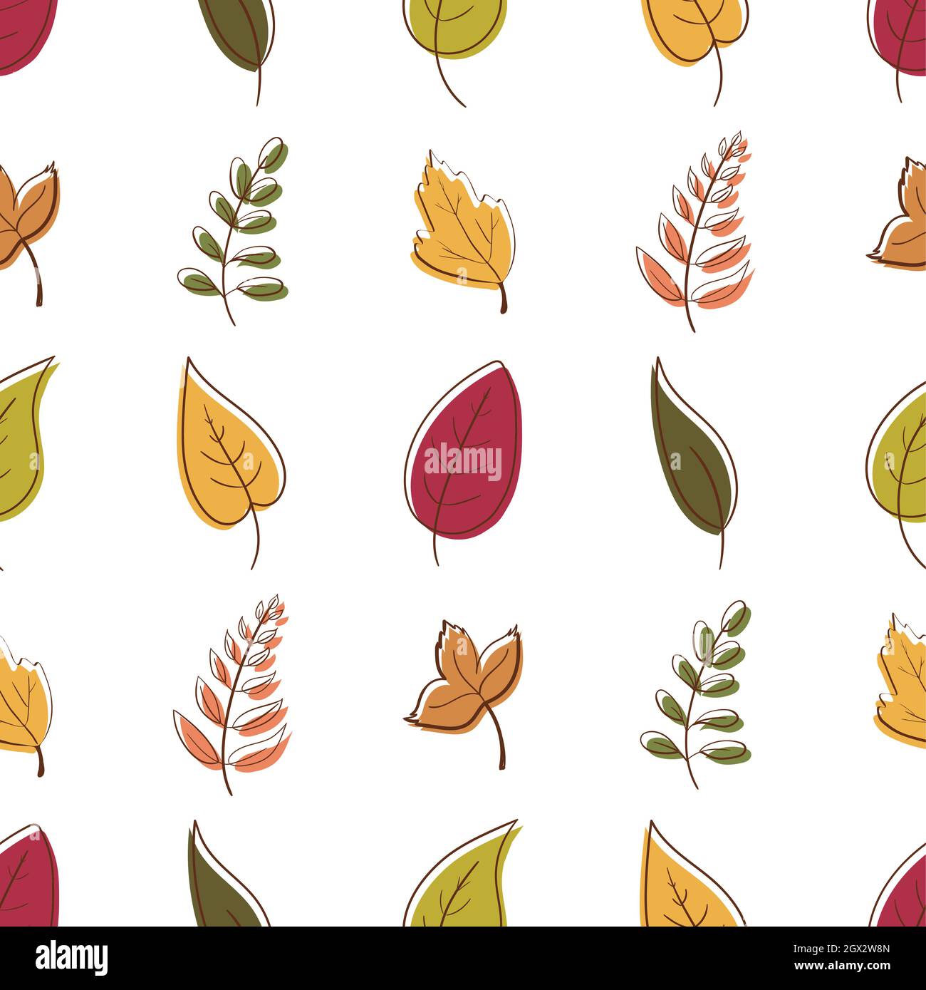 Superbe motif feuilles d'automne coloré répétition sans couture. Style plat tendance. Idéal pour les arrière-plans, le design éditorial des vêtements, les cartes, le papier cadeau. Illustration vectorielle isolée sur fond blanc Illustration de Vecteur