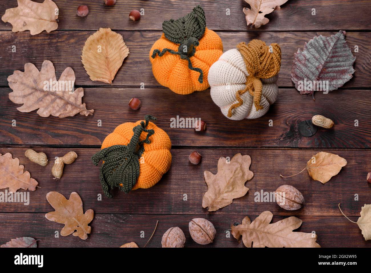 Artisanat automne encore la vie: Citrouilles tricotées et feuilles sur fond de bois. Décoration Halloween et Thanksgiving Banque D'Images