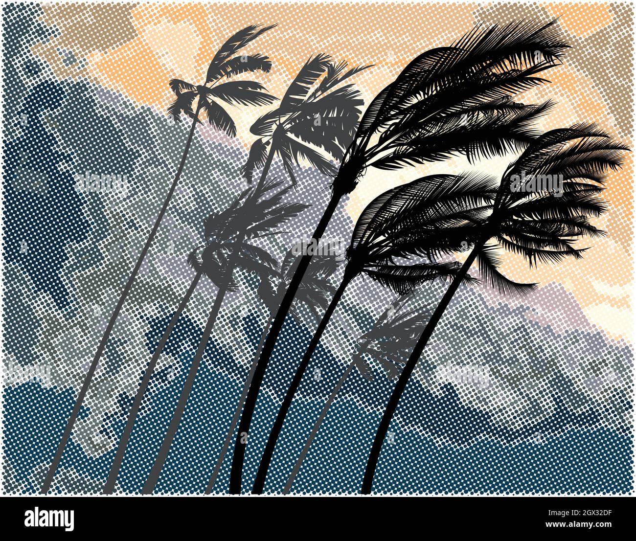 Palmiers courbés par un fort vent de hurrican Illustration de Vecteur
