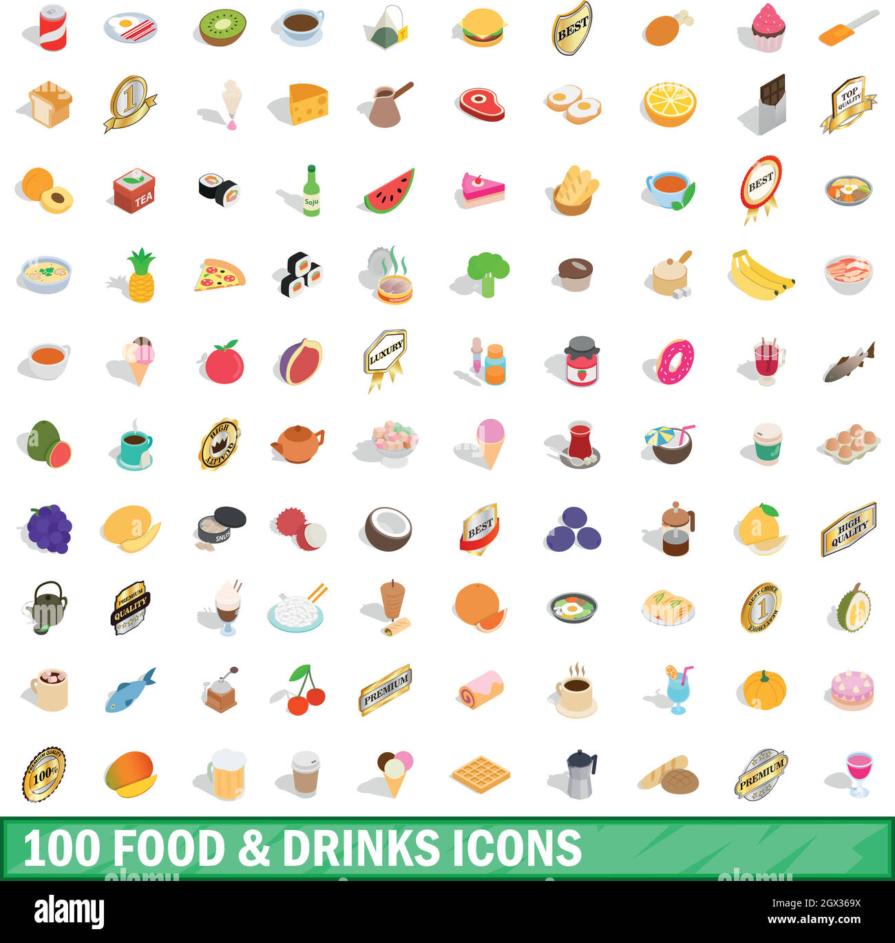 Nourriture et boissons 100 icons set, style 3D isométrique Illustration de Vecteur