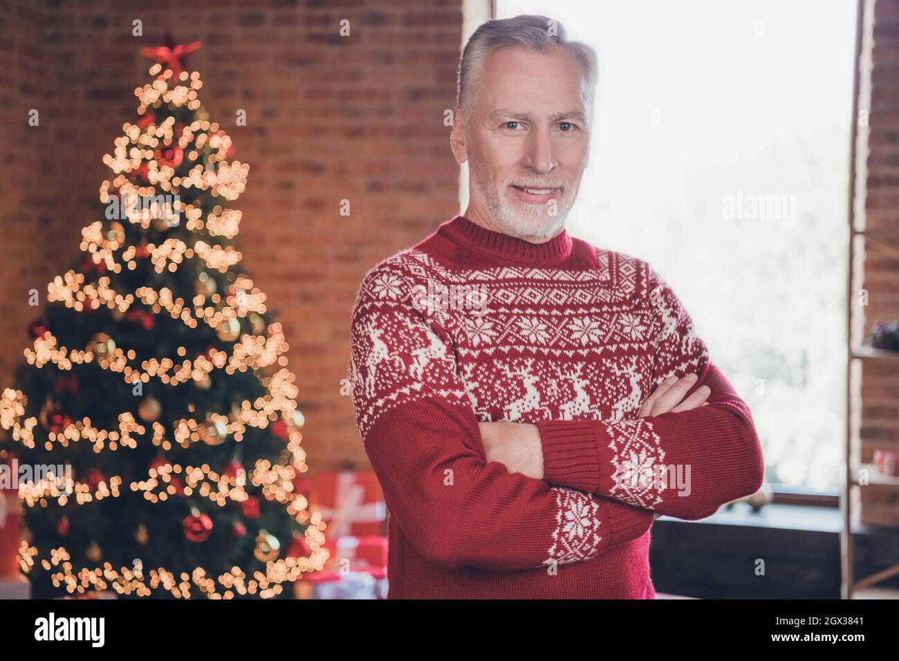 Photo portrait homme senior souriant vêtu d'un chandail mains croisées décorant la maison le nouvel an Banque D'Images