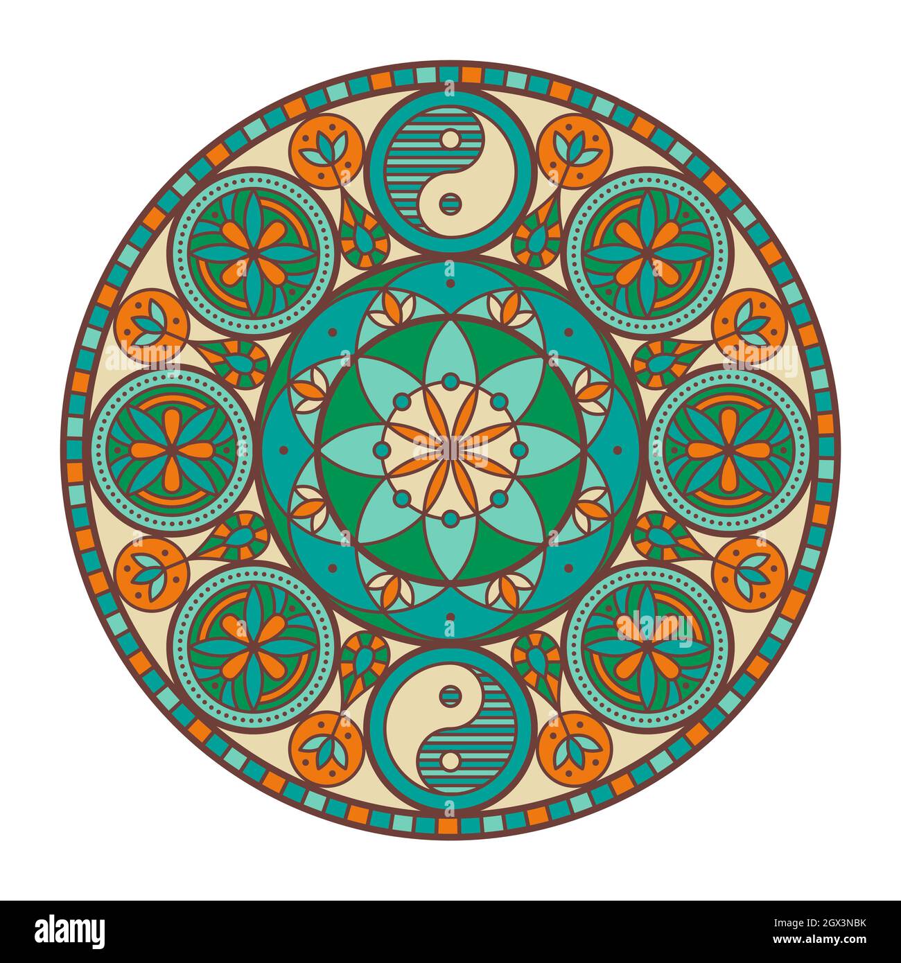Mandala ornementale colorée sur fond blanc, art oriental et élément décoratif Illustration de Vecteur