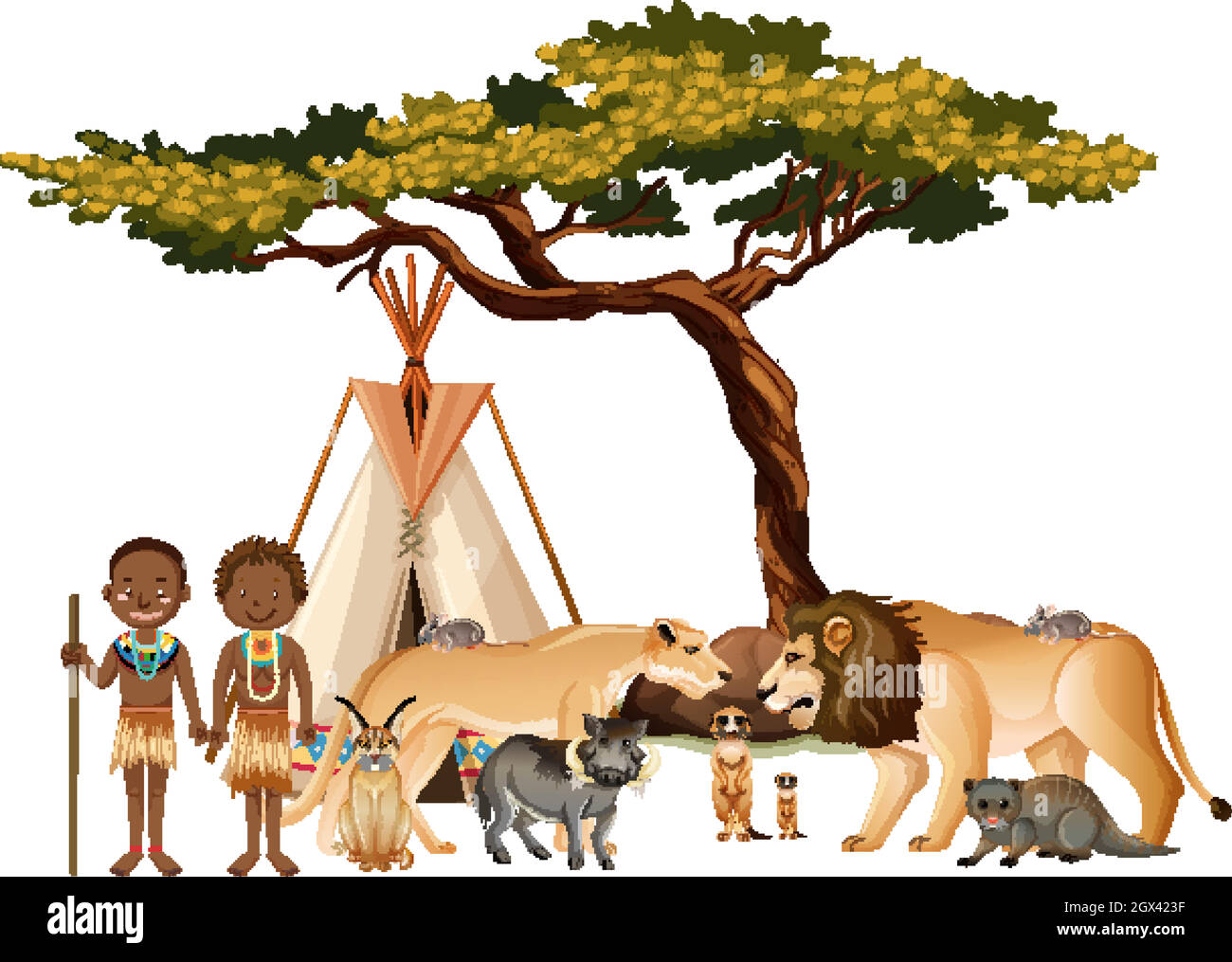Tribu africaine avec groupe d'animaux sauvages africains sur fond blanc Illustration de Vecteur