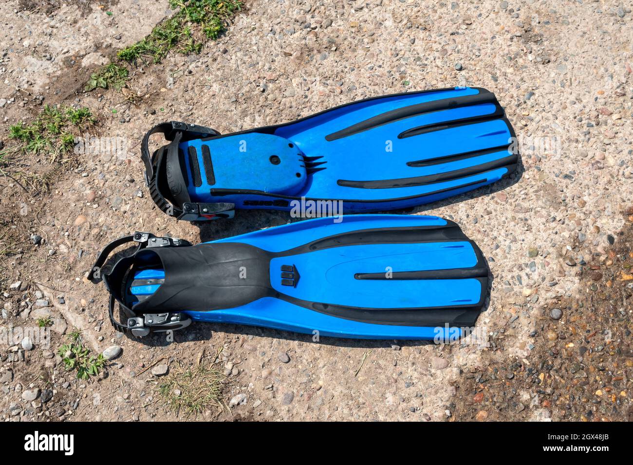 Une paire de nageoires bleues de plongée se trouve sur une dalle de béton lors d'une journée ensoleillée d'été. Banque D'Images