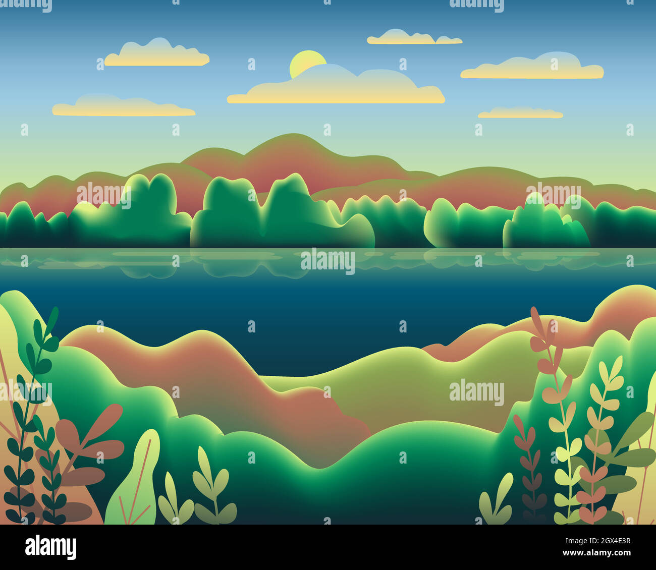 Paysage de collines avec design plat. Beau champ, prairie, montagnes et ciel. Emplacement rural avec vallée, lac, rivière, collines, forêt, arbres. Couleurs de dégradé bleu vert. Vecteur d'arrière-plan de dessin animé Illustration de Vecteur