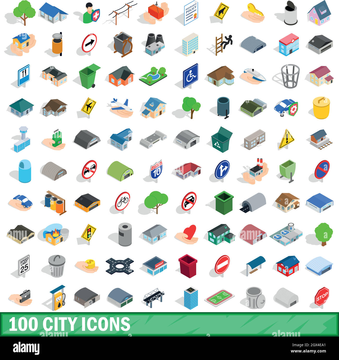100 icônes de la ville, style 3D isométrique Illustration de Vecteur