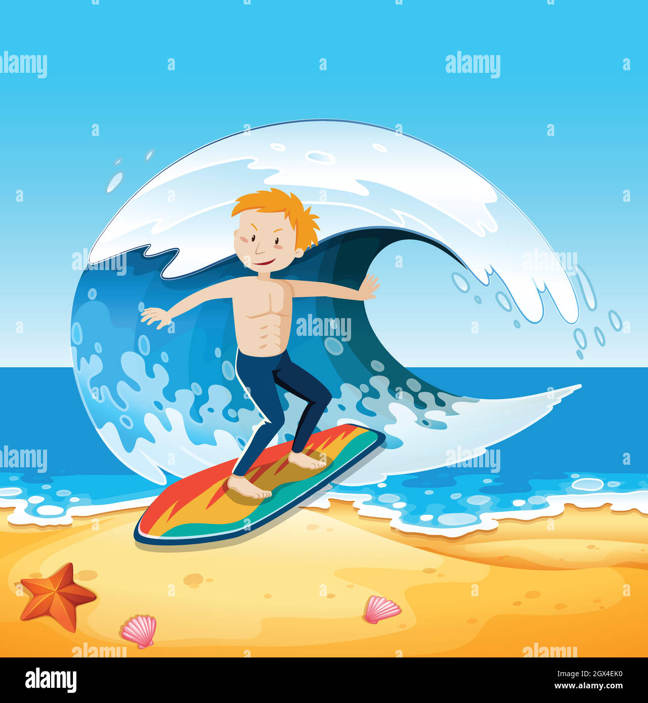 Un jeune surfeur sur la scène de la plage Illustration de Vecteur