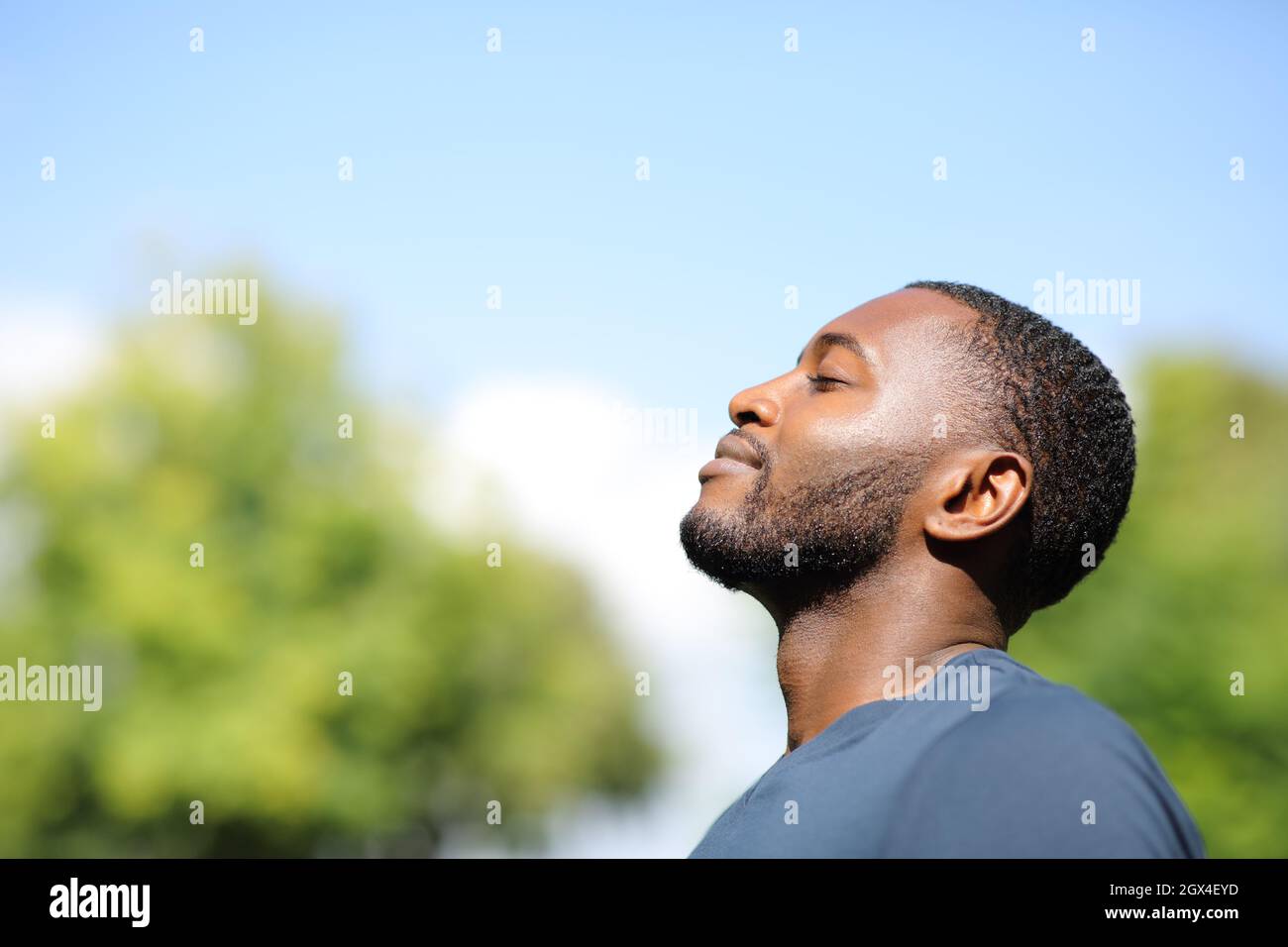 Profil d'un homme noir respirant de l'air frais dans la nature un jour ensoleillé Banque D'Images