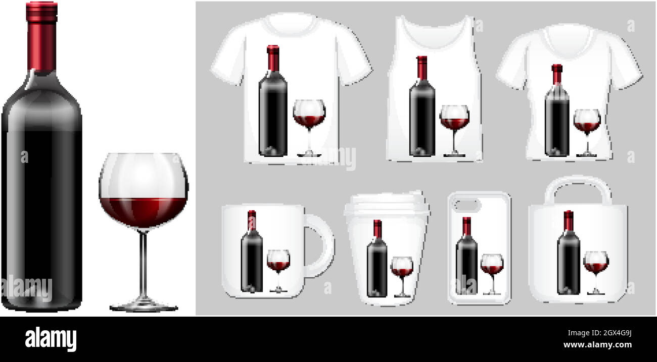 Bouteille de vin et verre sur différents modèles de produits Illustration de Vecteur