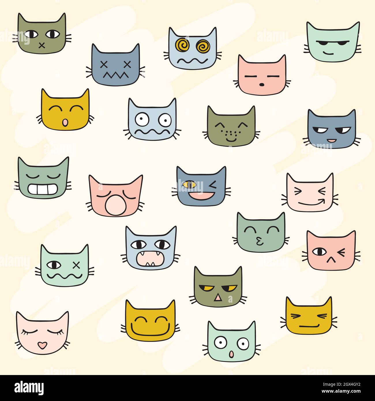 Le chat fait face au kawaii. Chatons dessinés à la main emoji. Félins. Gribouillages colorés. Illustration de Vecteur