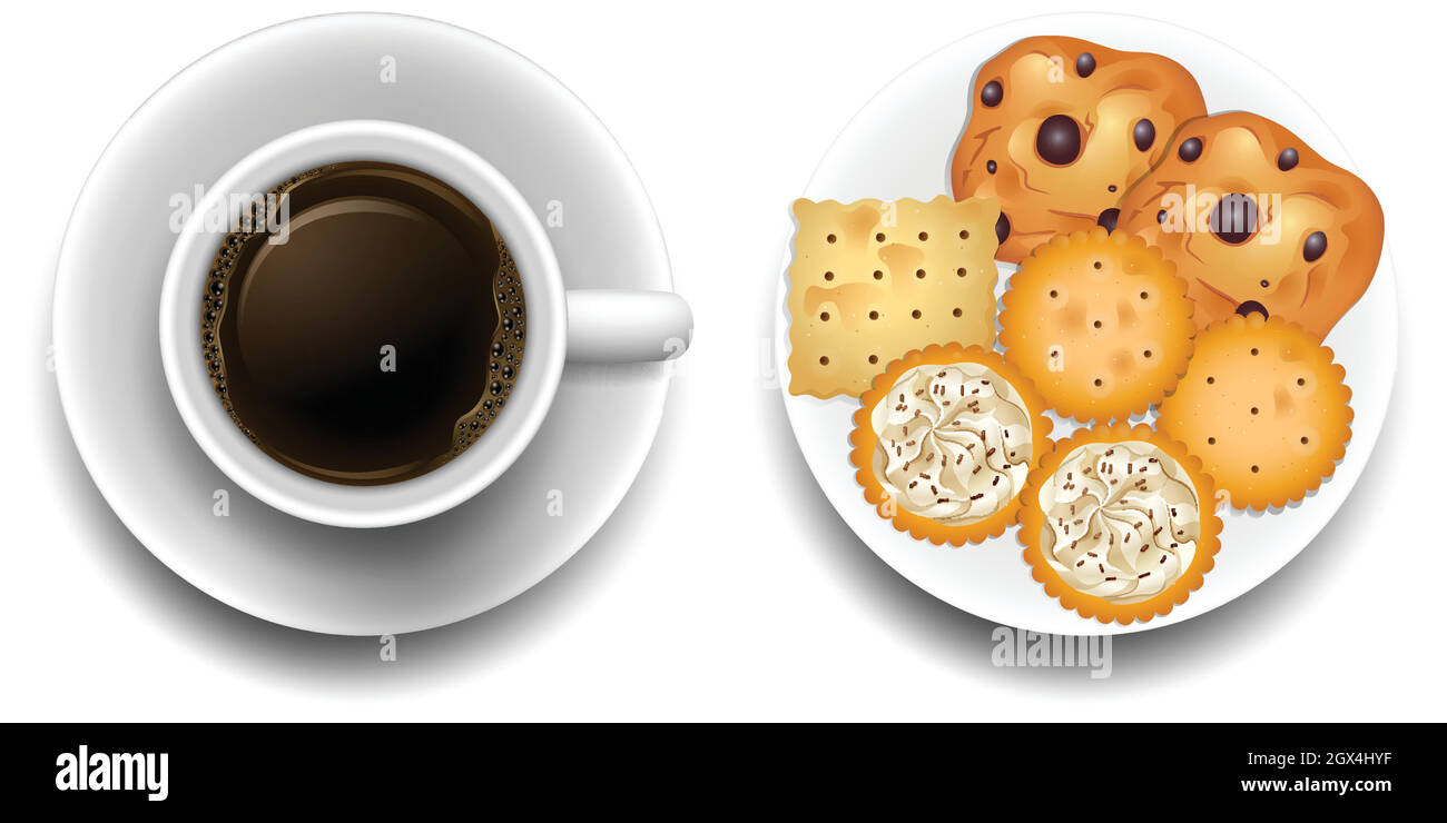 Café chaud et petits gâteaux sur l'assiette Illustration de Vecteur