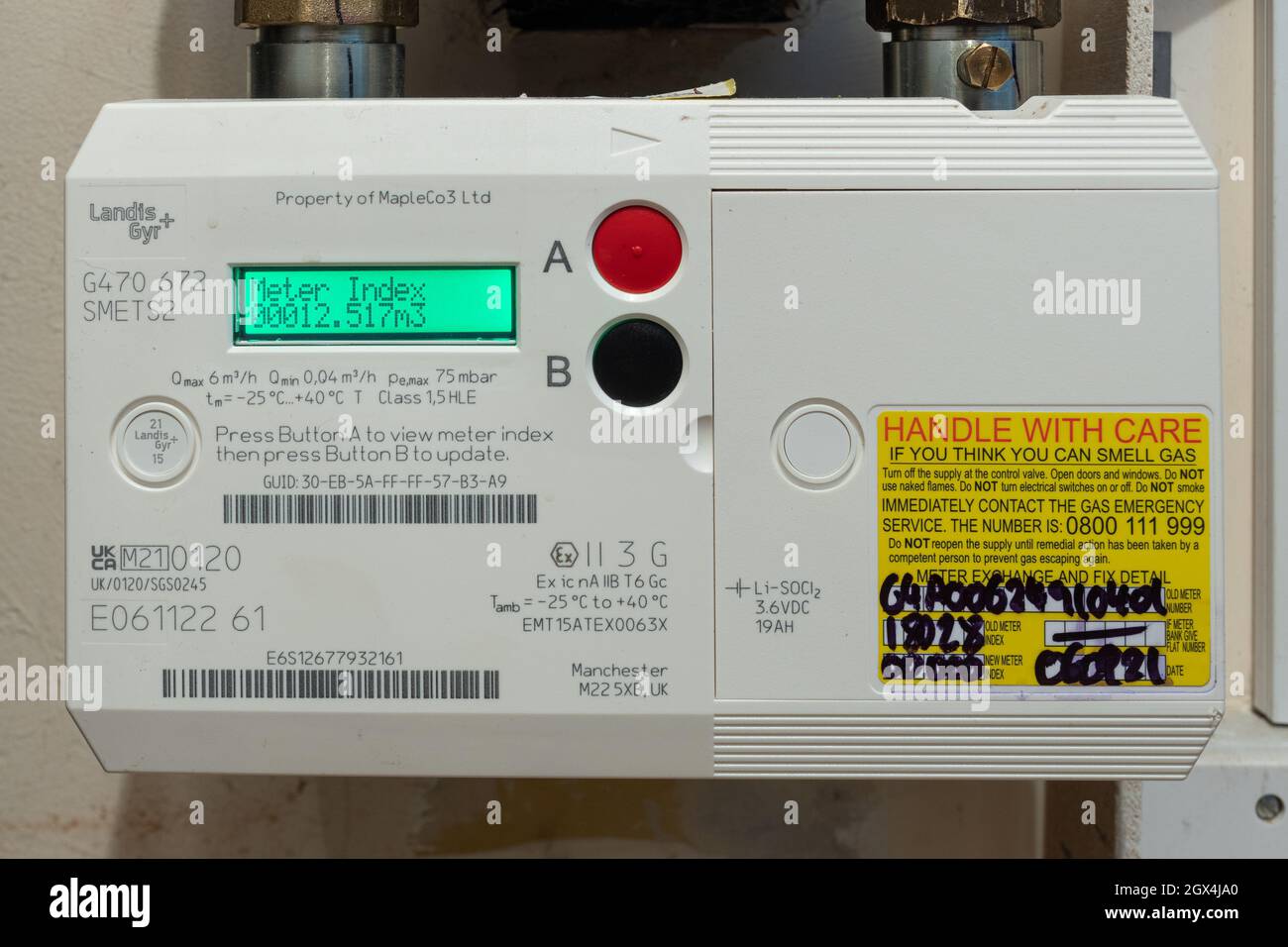 Compteur d'énergie intelligent surveillant l'utilisation du gaz à domicile, Angleterre, Royaume-Uni Banque D'Images