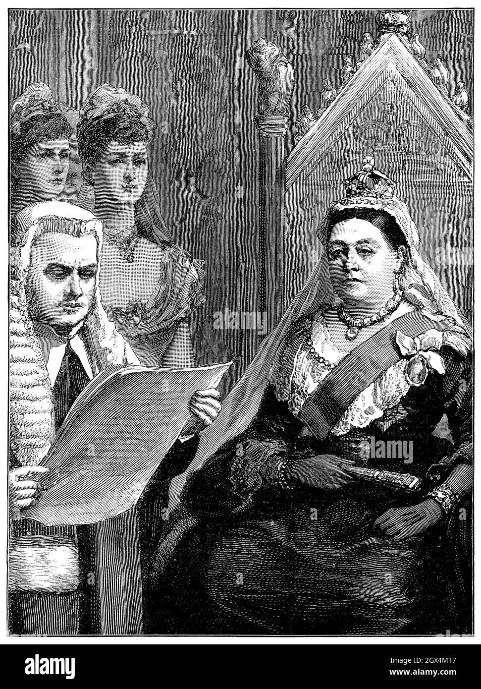1887 gravure d'époque de la reine Victoria ouvrant le Parlement en 1886 avec le Lord Chancelier Halsbury lisant le discours royal. Banque D'Images