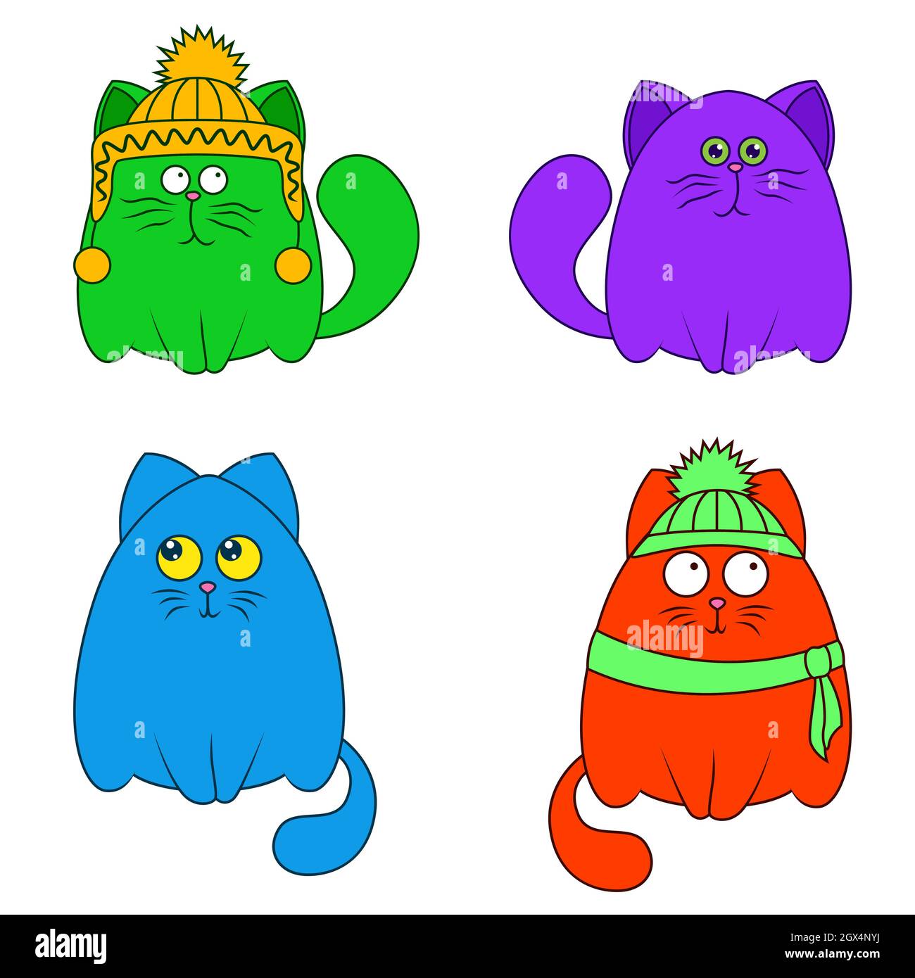 Quatre dessins animés amusants en couleurs vives chats isolés sur fond blanc, image couleur des animaux de compagnie Illustration de Vecteur