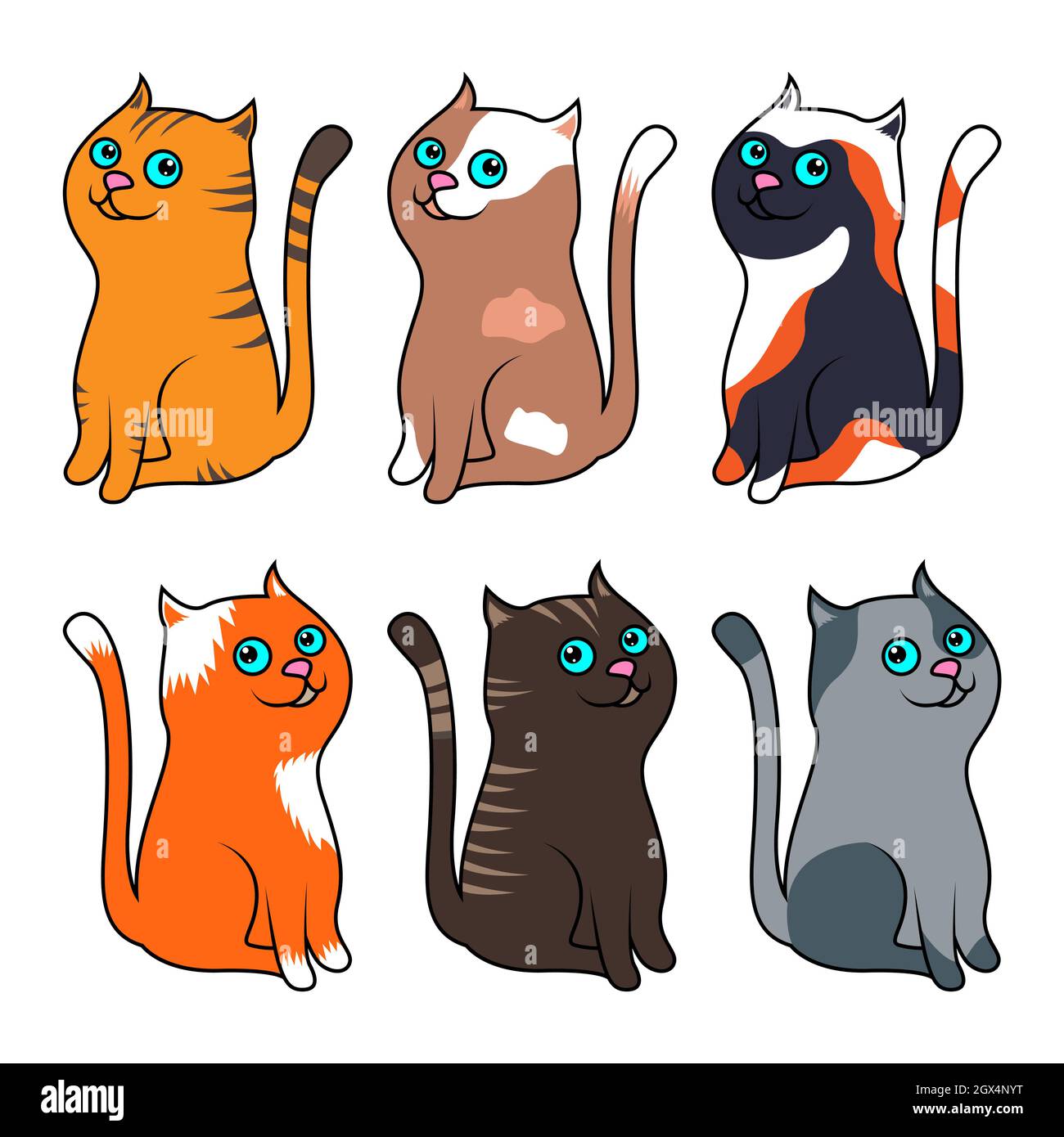 Six chats animés différents amusants isolés sur fond blanc, image couleur des animaux de compagnie Illustration de Vecteur