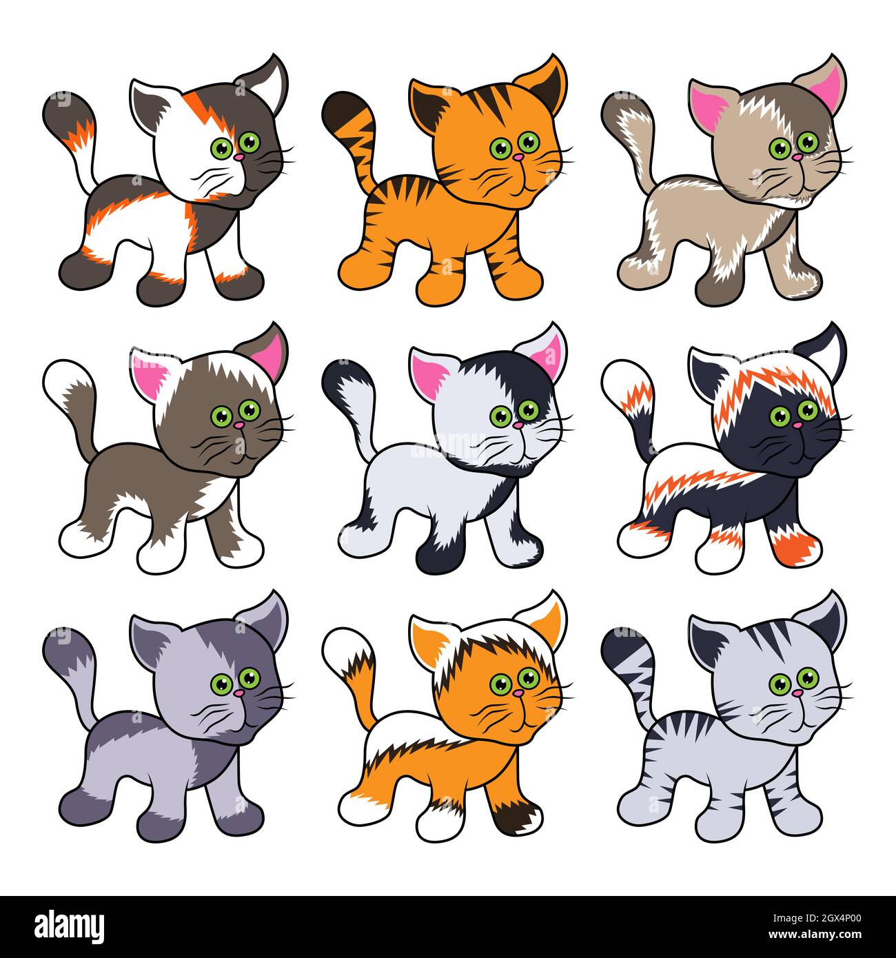 Neuf chats animés amusants isolés sur fond blanc, image couleur des animaux de compagnie Illustration de Vecteur