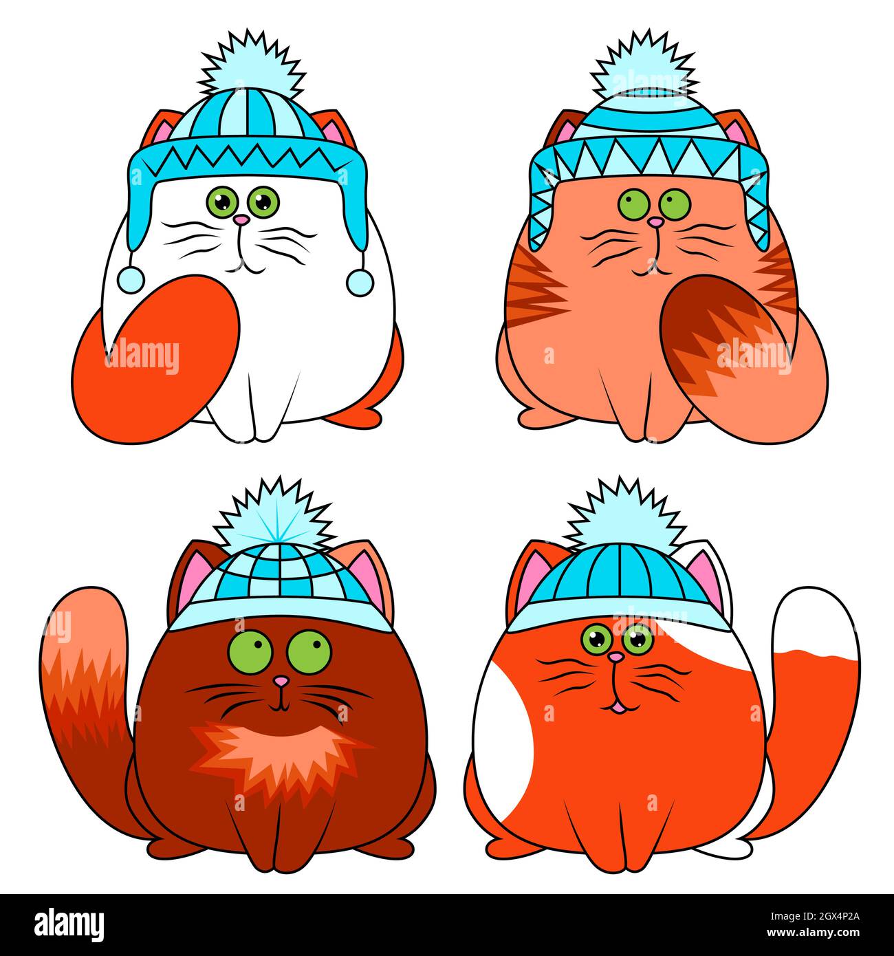 Quatre chats de dessin animé différents en chapeau d'hiver isolé sur fond blanc, image couleur des animaux de compagnie Illustration de Vecteur
