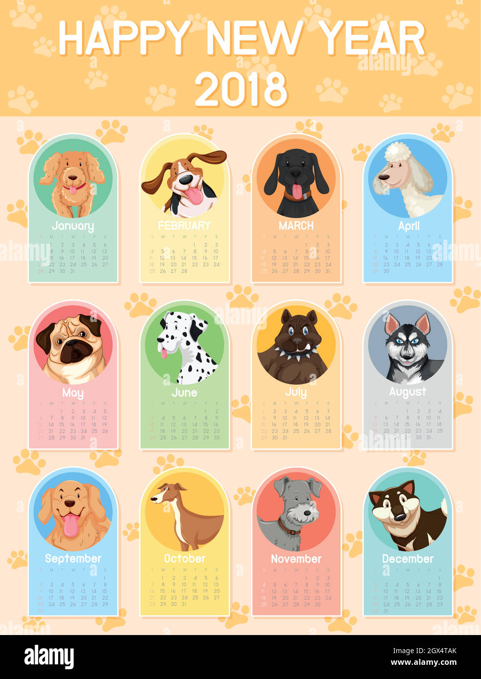 Modèle de calendrier avec plusieurs chiens pour chaque mois Illustration de Vecteur