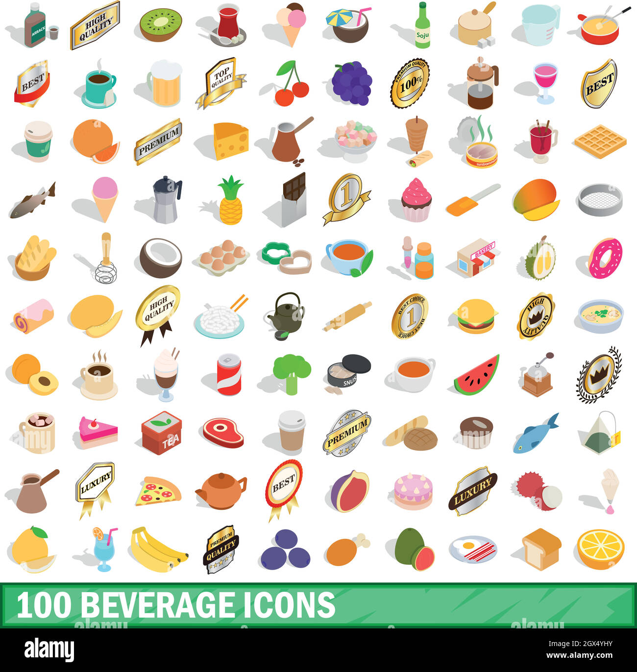 100 icônes de boissons, jeu 3D isométrique style Illustration de Vecteur
