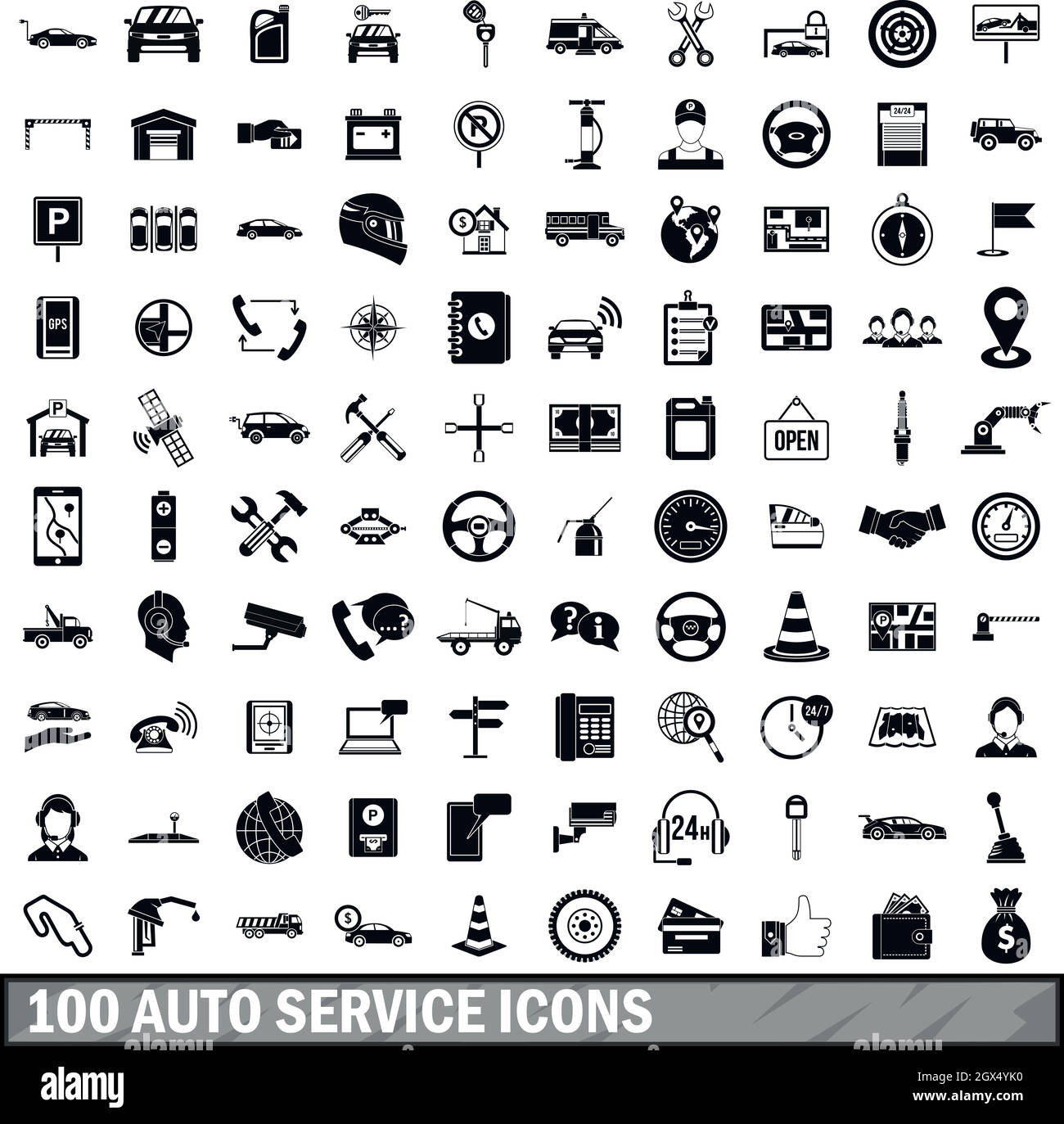 100 Centre de services de l'automobile, le style simple icons set Illustration de Vecteur
