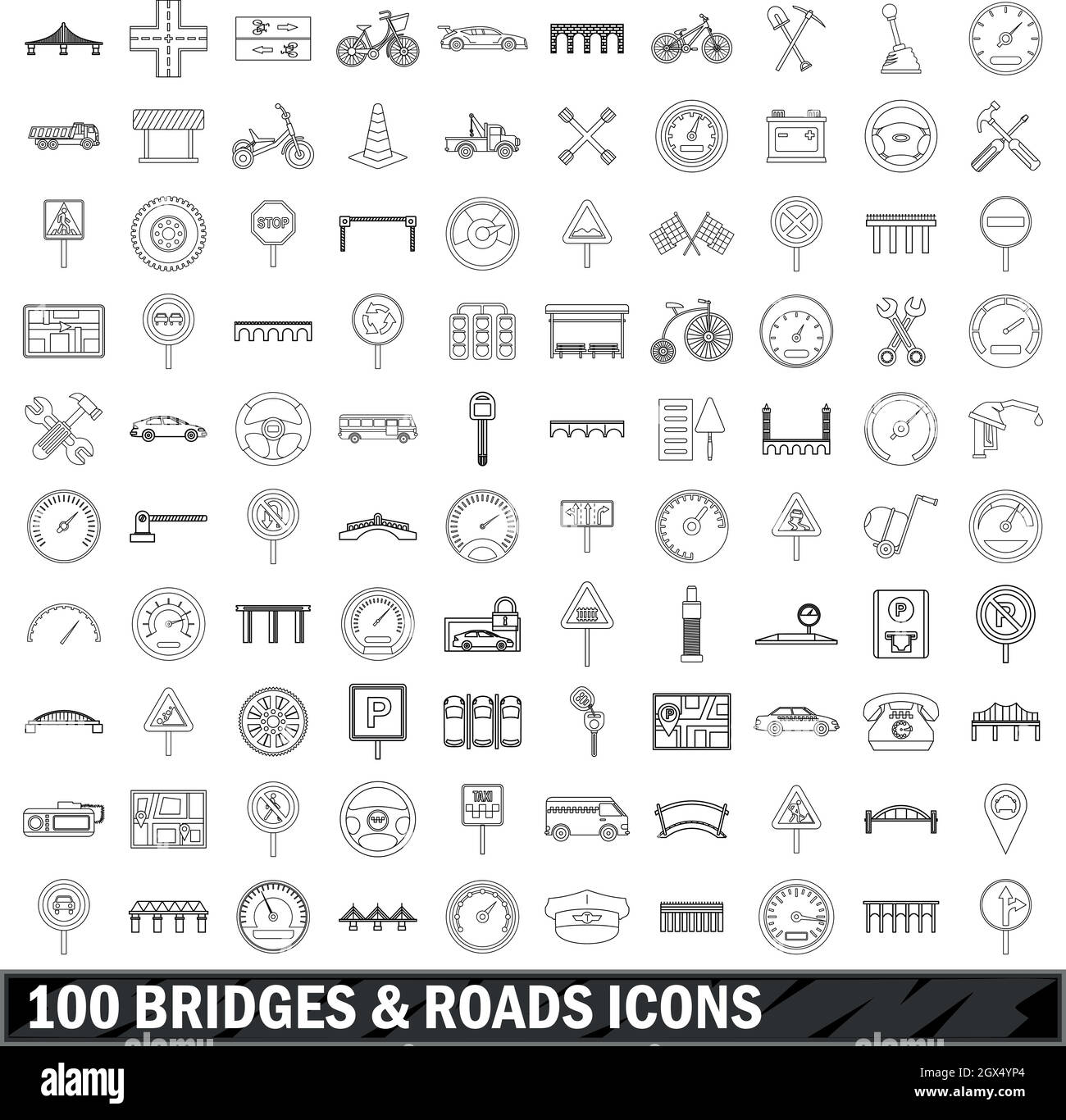 100 ponts et routes icons set style du contour, Illustration de Vecteur