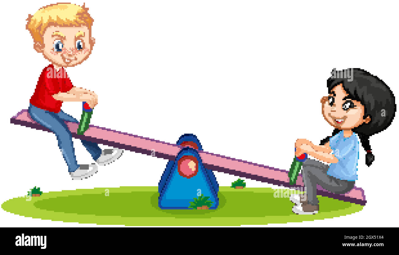 Personnage de dessin animé garçon et fille jouant seesaw sur fond blanc Illustration de Vecteur