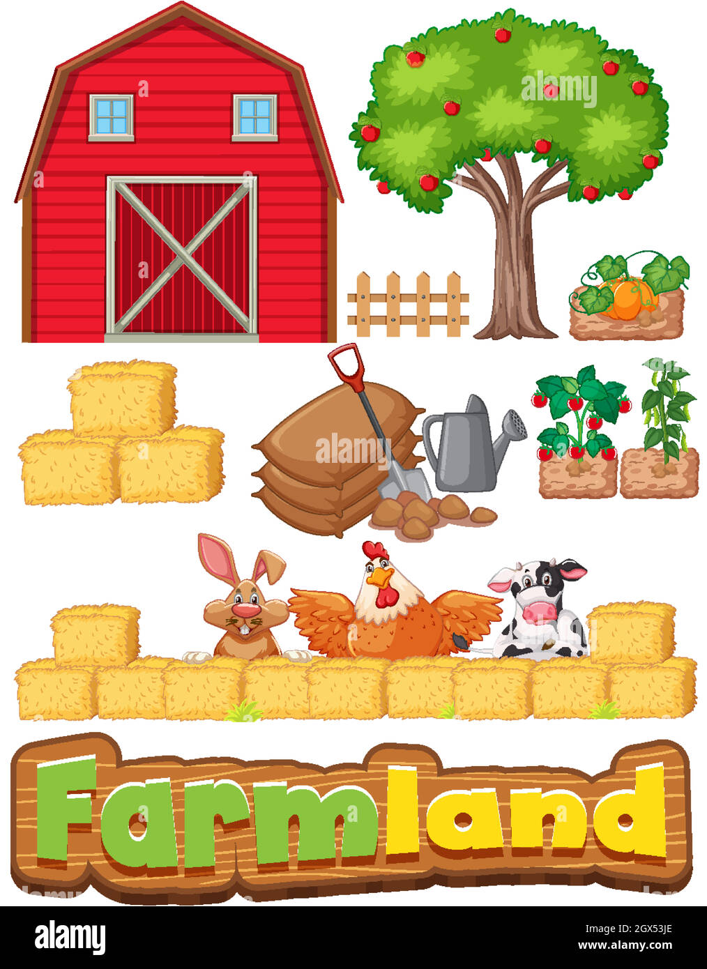 Ensemble d'articles de ferme et de nombreux animaux Illustration de Vecteur