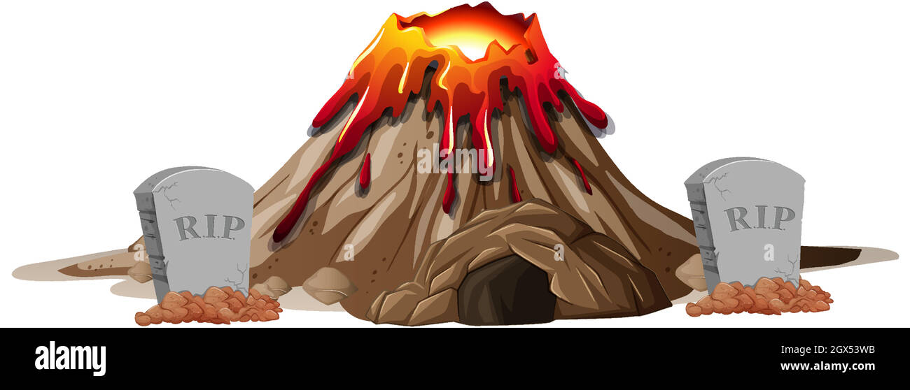 Éruption volcanique avec grotte et pierre tombale sur fond transparent Illustration de Vecteur