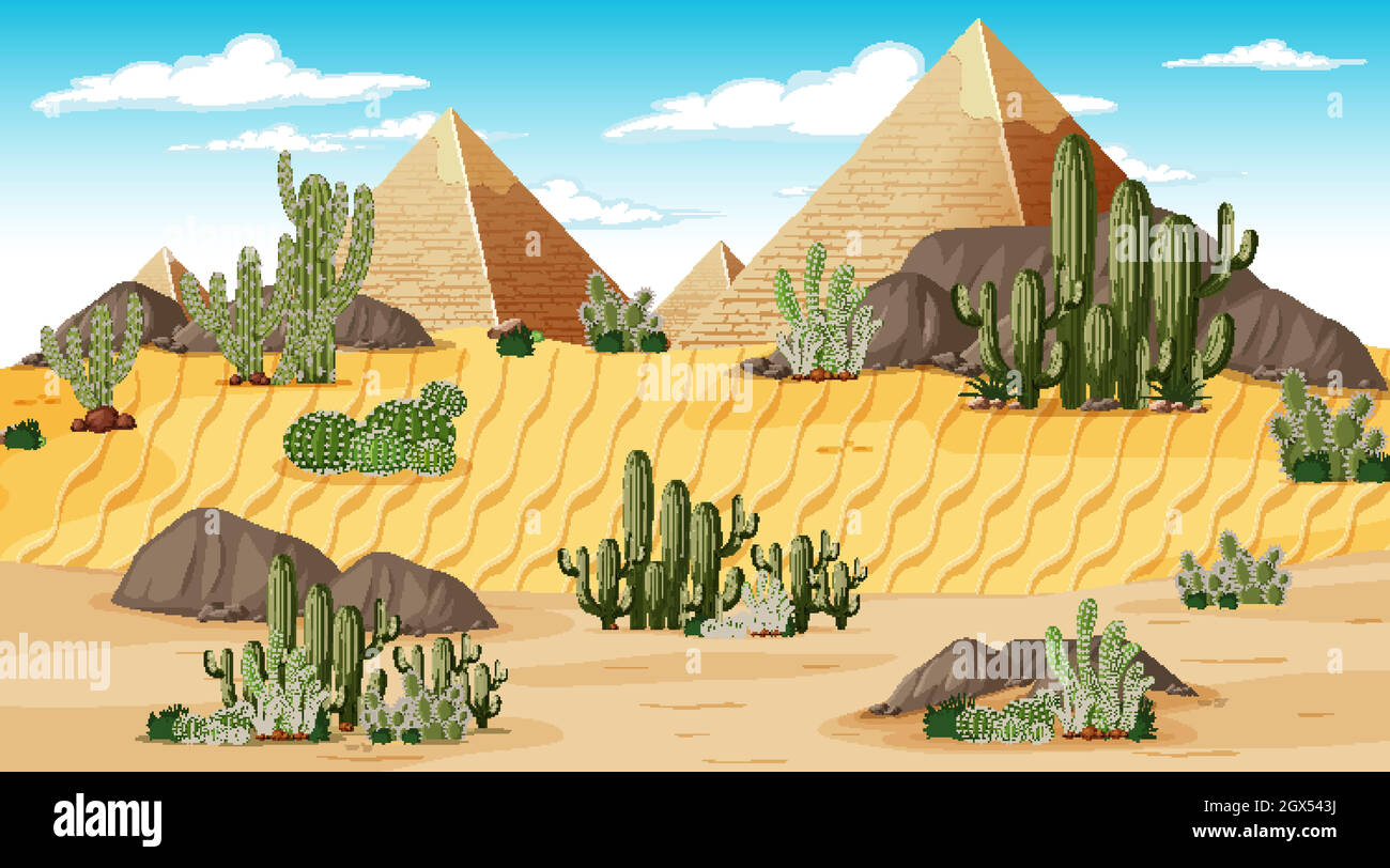 Paysage de forêt désertique à l'heure de la scène de jour avec Pyramide de Gizeh Illustration de Vecteur
