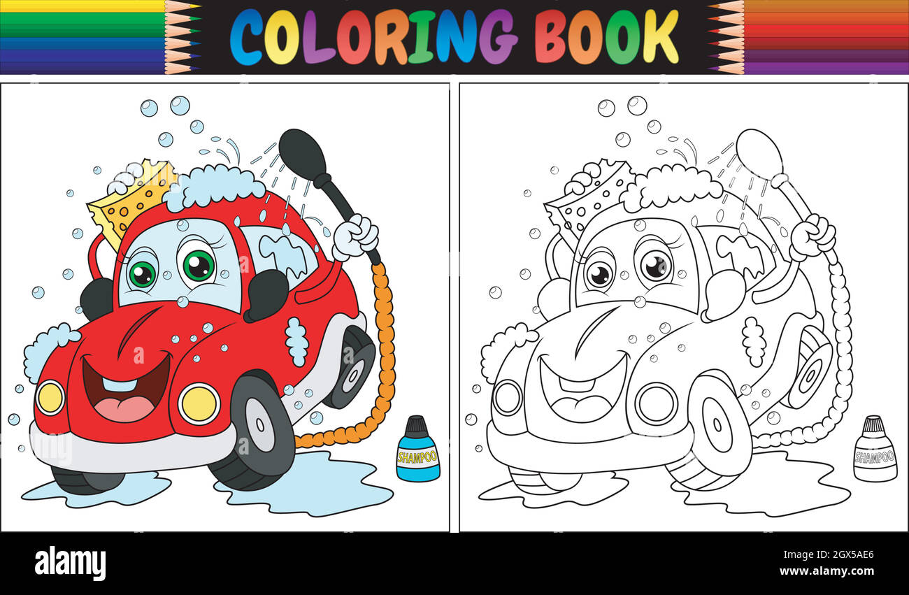 Livre de coloriage avec lavage de voiture de dessin animé rouge Illustration de Vecteur