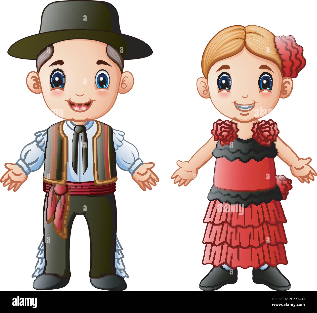 Un couple espagnol de dessin animé portant des costumes traditionnels Image Vectorielle Stock