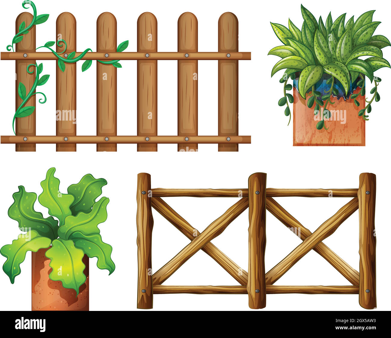 Clôture en bois et plantes en pot Illustration de Vecteur
