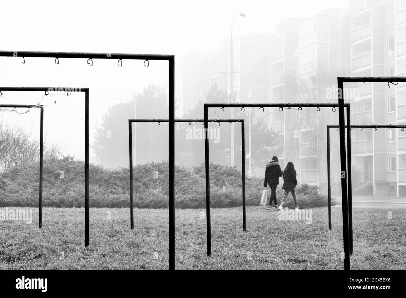 Photographie en noir et blanc - séchoirs sur un logement dans le brouillard , Prague Banque D'Images