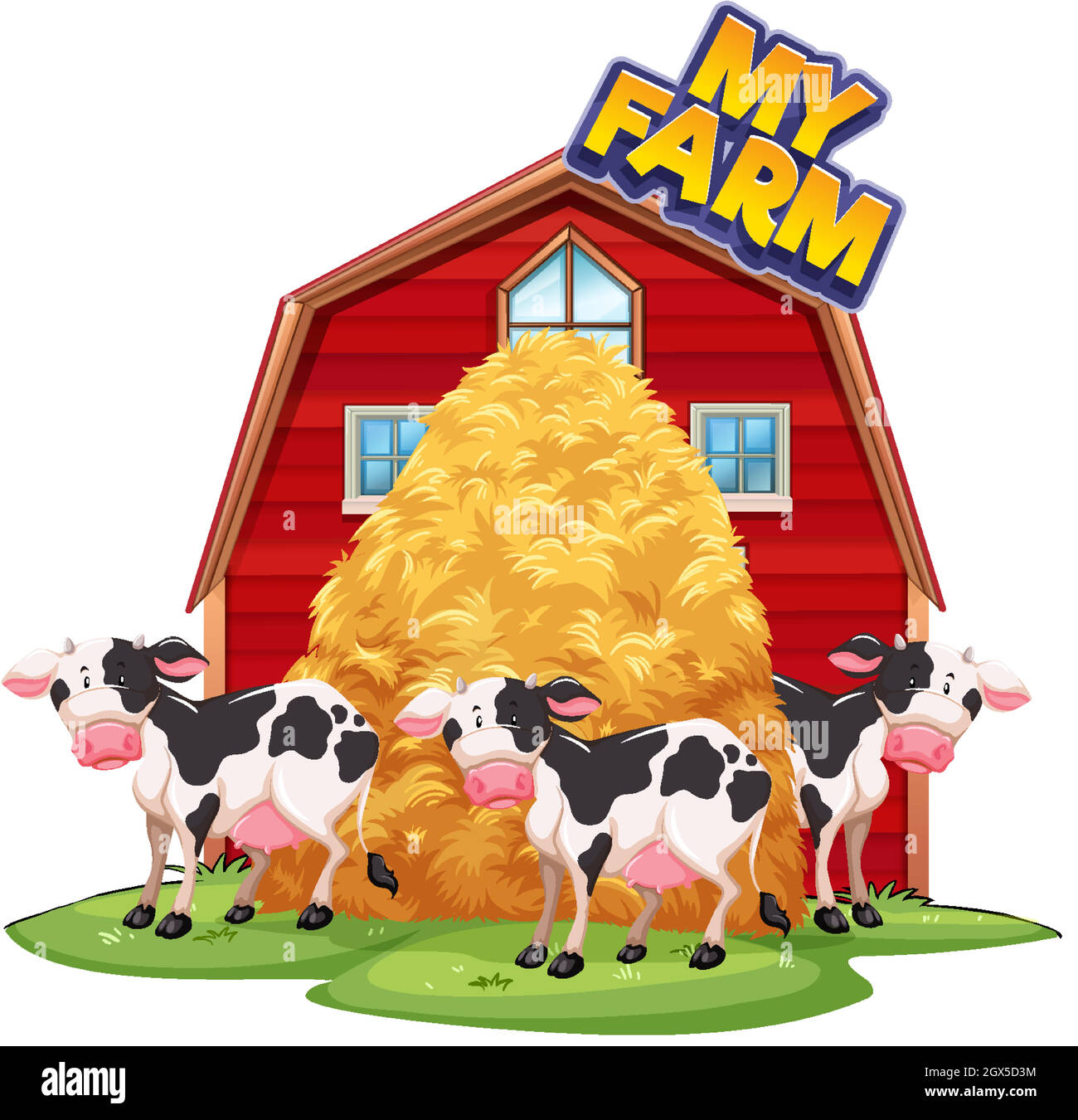 Conception de police pour mot ma ferme avec des vaches à la grange Illustration de Vecteur